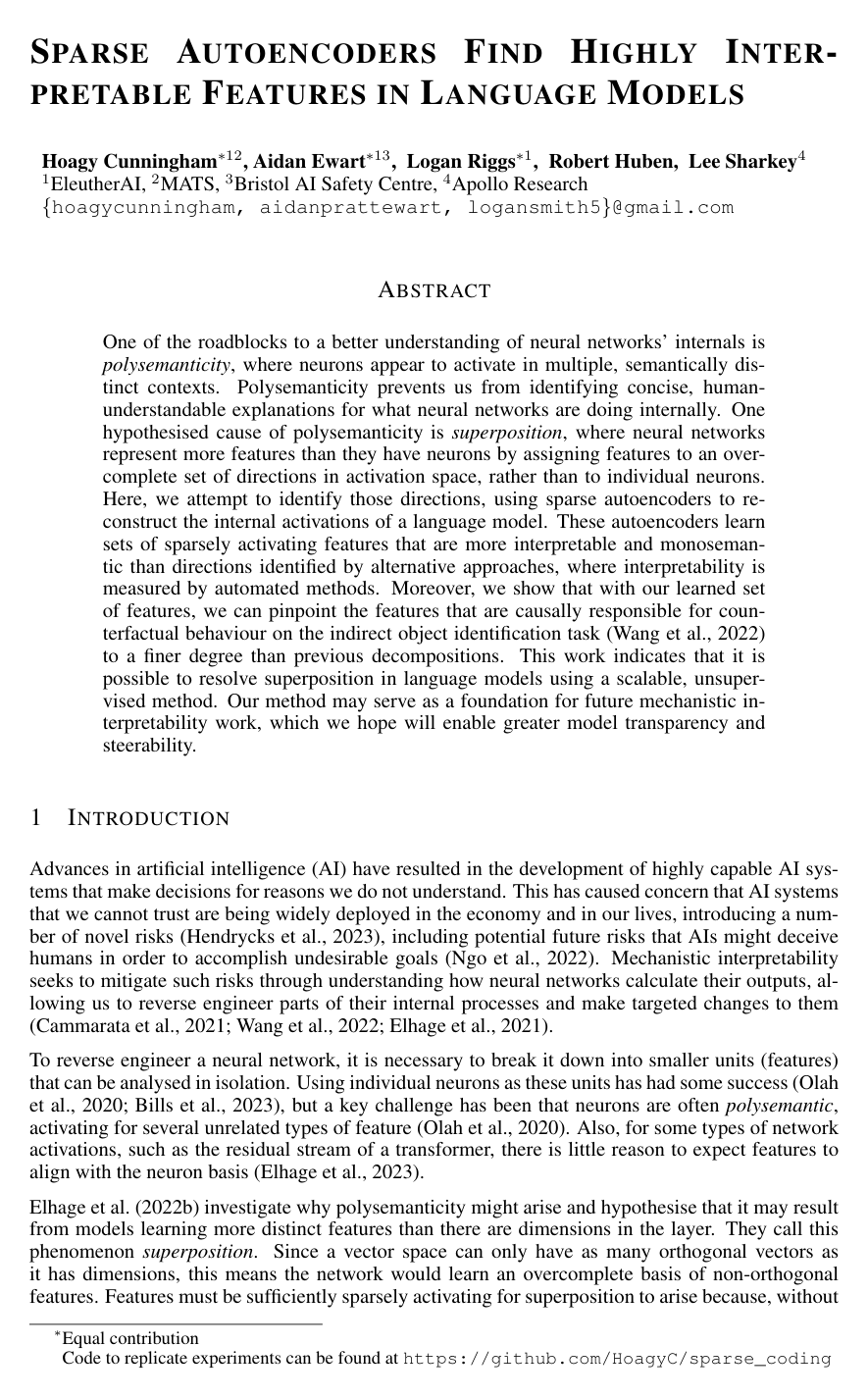 Sparse Autoencoders Find Highly Interpretable Features in Language Models