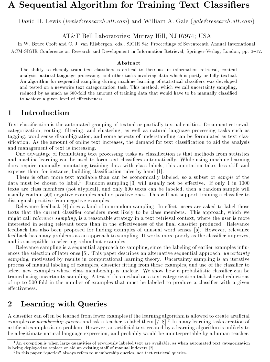 A sequential algorithm for training text classifiers