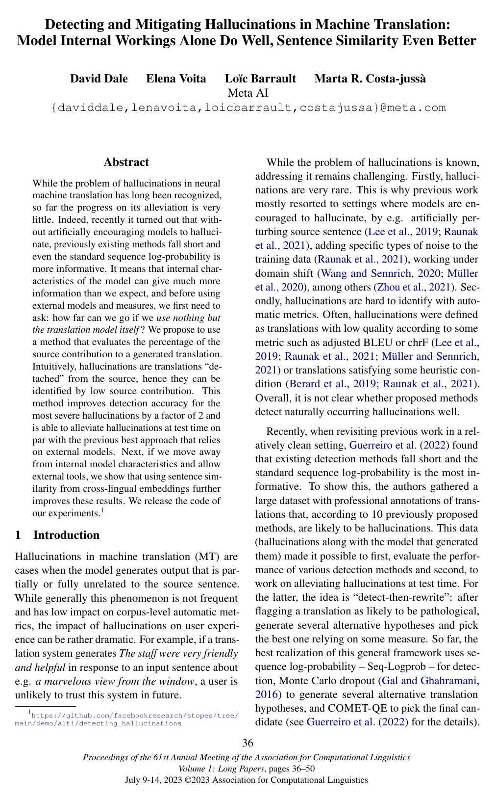 Detecting and Mitigating Hallucinations in Machine Translation: Model Internal Workings Alone Do Well, Sentence Similarity Even Better