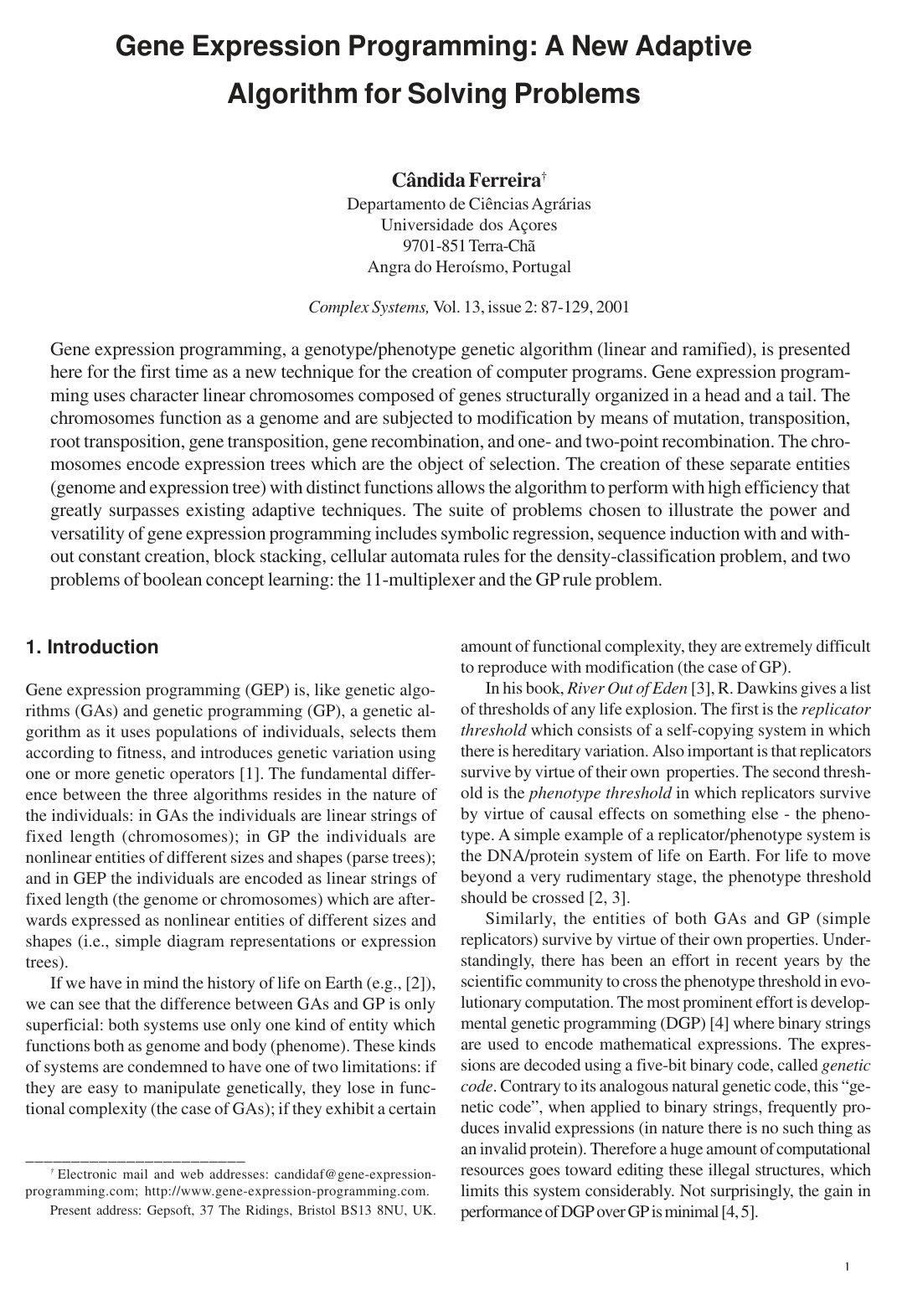 Cover for Gene Expression Programming: A New Adaptive Algorithm for Solving Problems