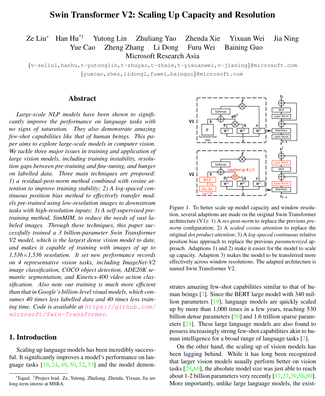 Swin Transformer V2: Scaling Up Capacity and Resolution