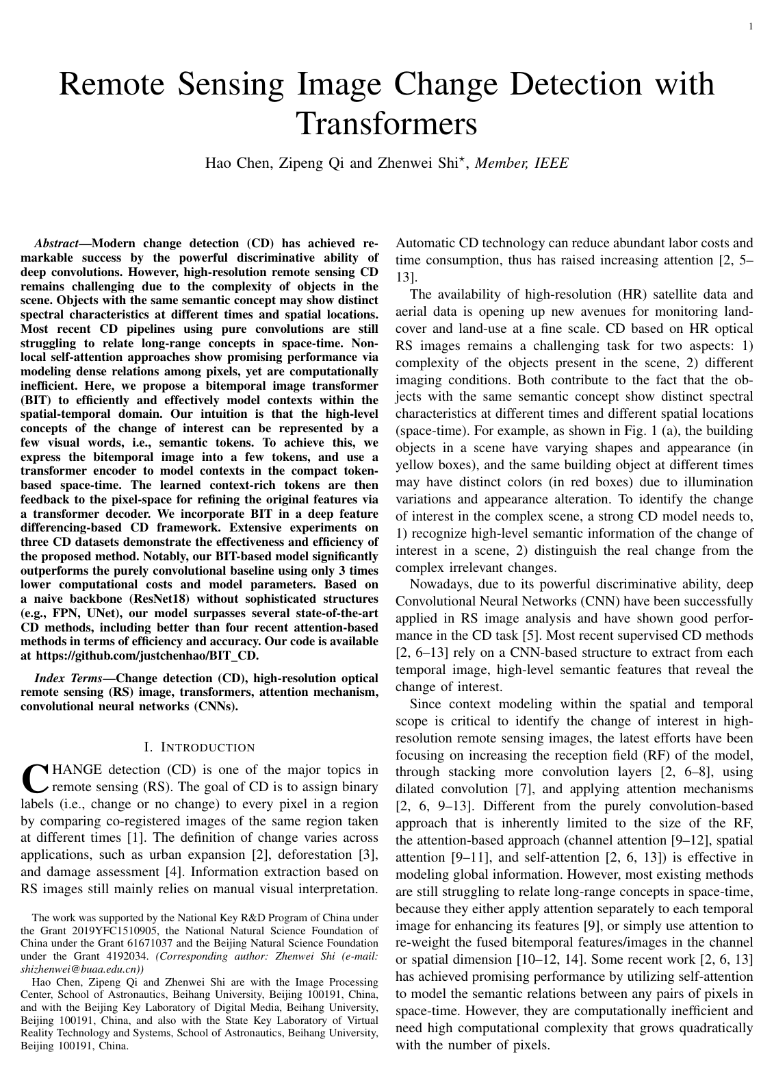 Remote Sensing Image Change Detection With Transformers