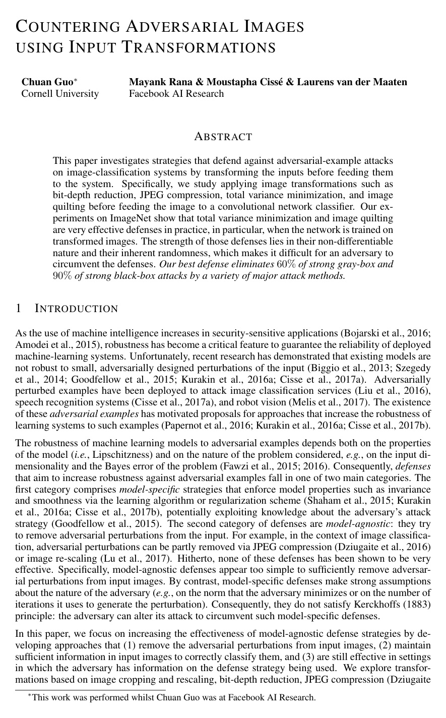 Cover for Countering Adversarial Images using Input Transformations