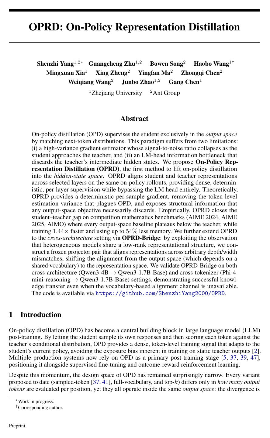 OPRD: On-Policy Representation Distillation