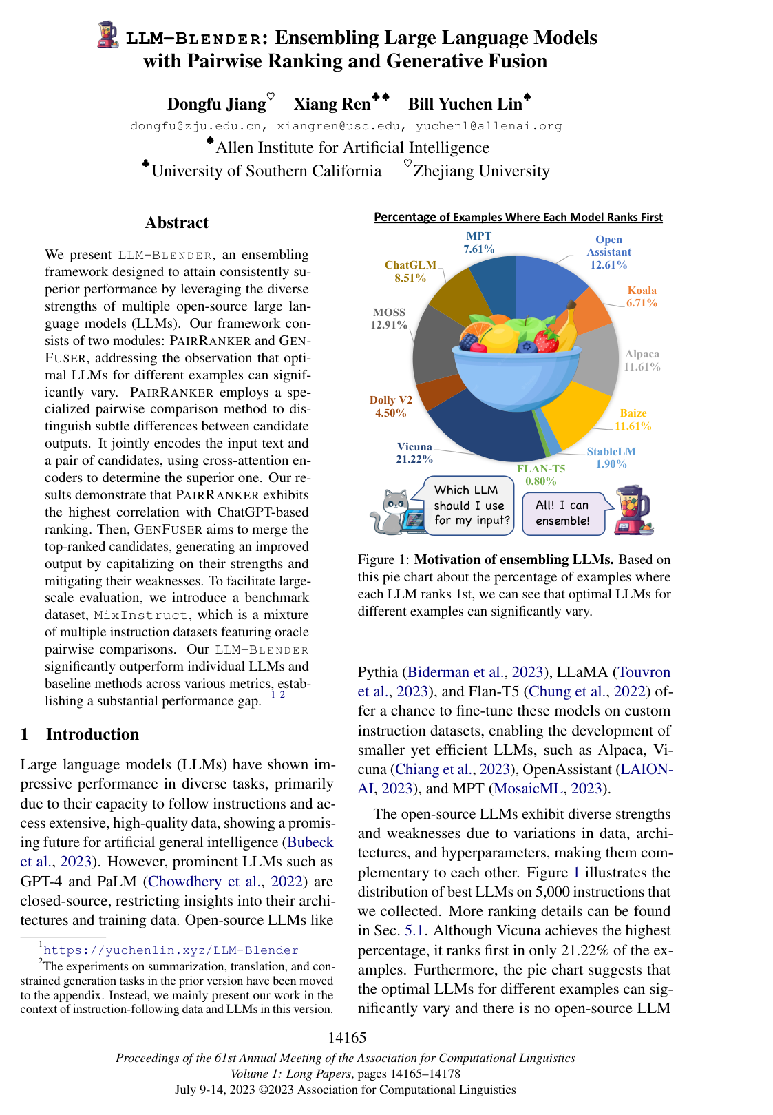 LLM-Blender: Ensembling Large Language Models with Pairwise Ranking and Generative Fusion