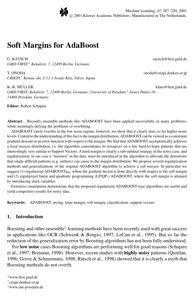 Soft Margins for AdaBoost