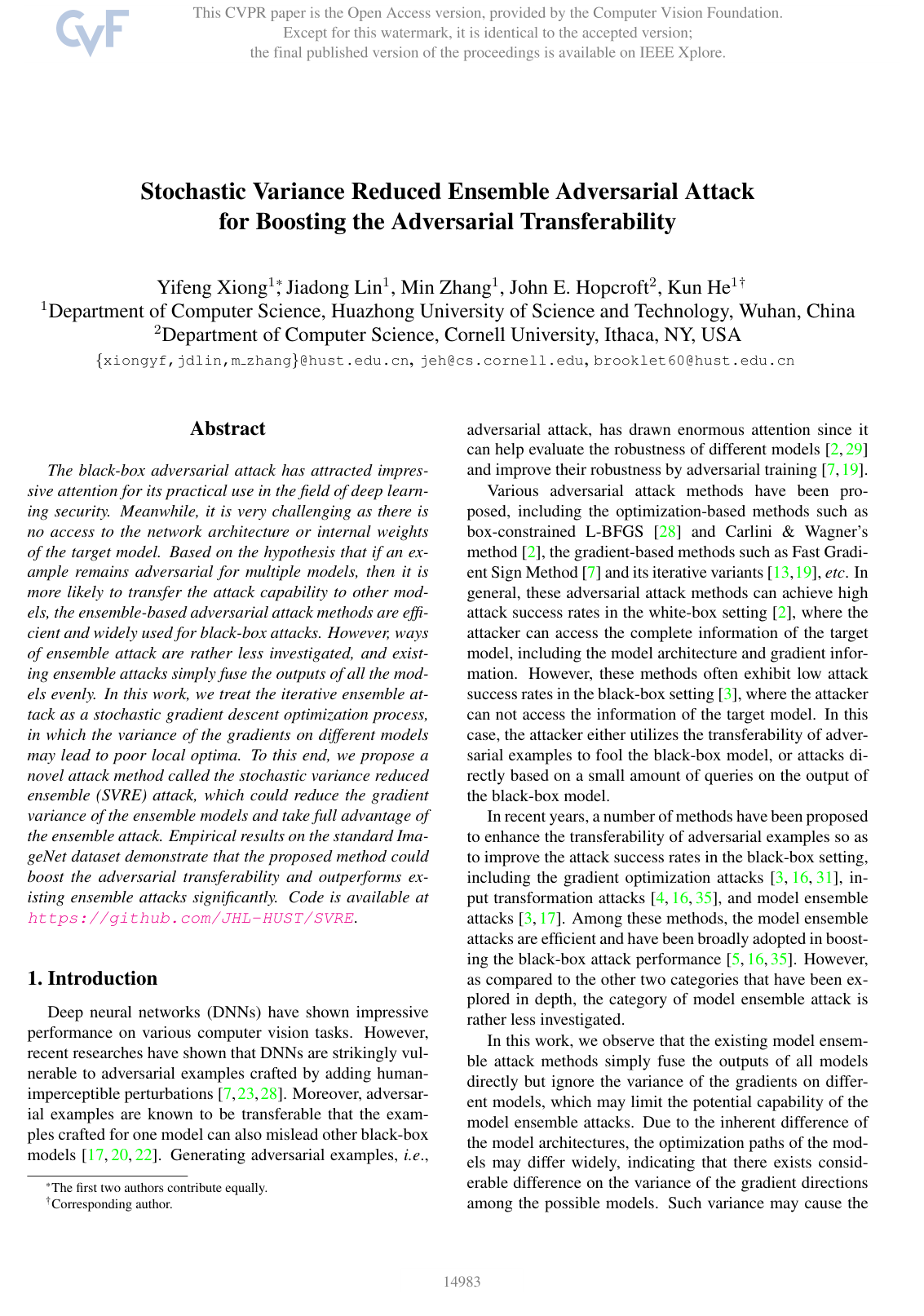 Stochastic Variance Reduced Ensemble Adversarial Attack for Boosting the Adversarial Transferability