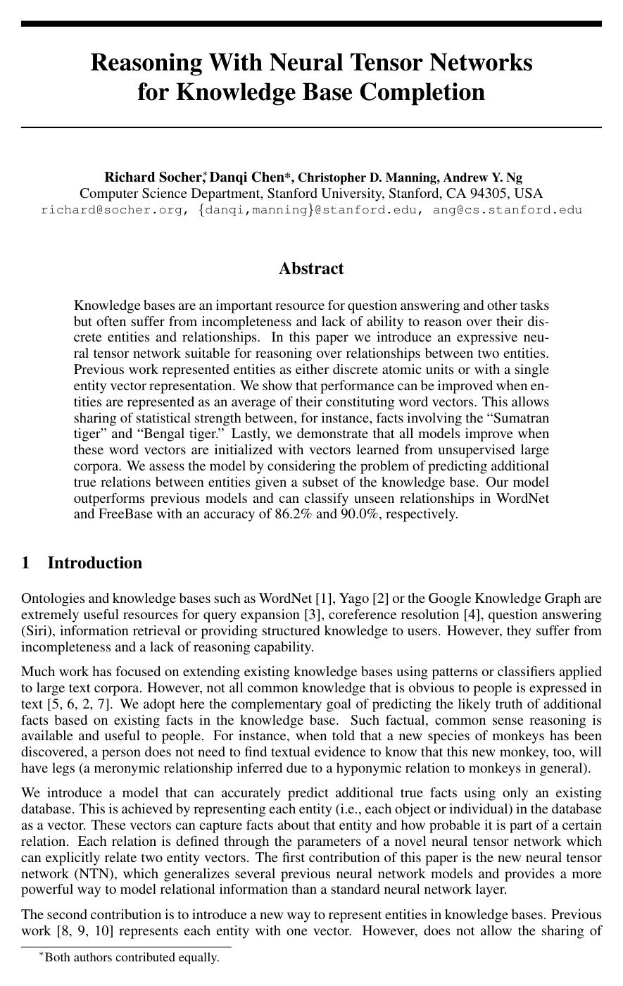 Reasoning With Neural Tensor Networks for Knowledge Base Completion