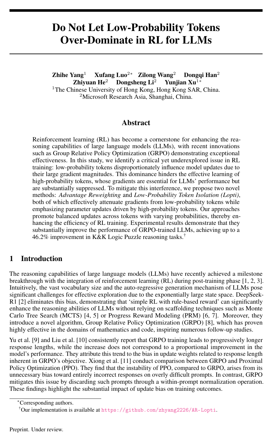 Do Not Let Low-Probability Tokens Over-Dominate in RL for LLMs