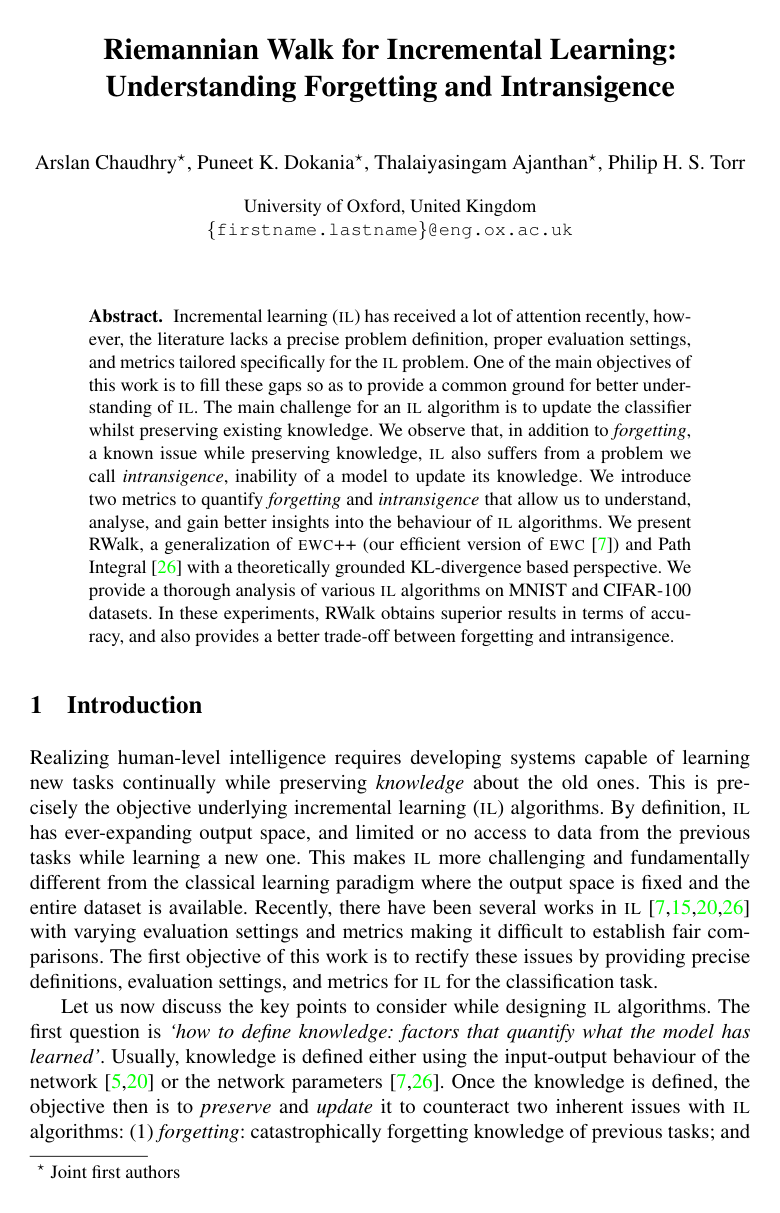 Cover for Riemannian Walk for Incremental Learning: Understanding Forgetting and Intransigence