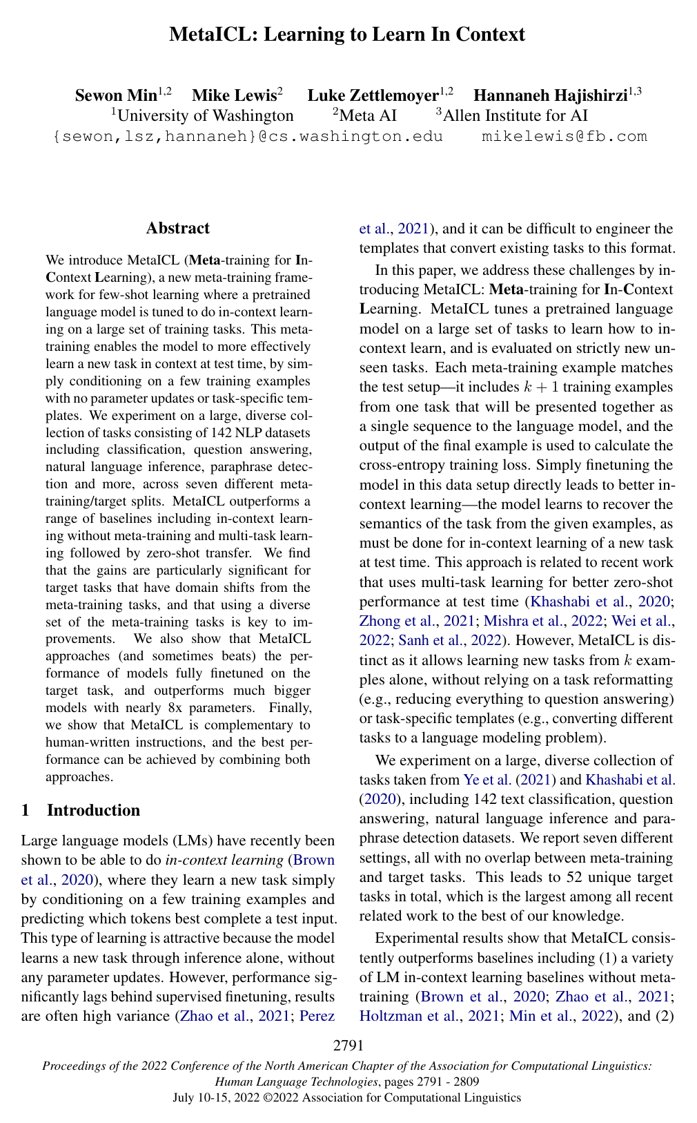Cover for MetaICL: Learning to Learn In Context