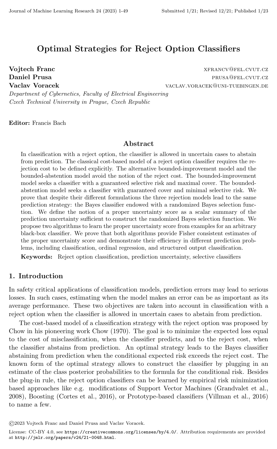 Cover for Optimal Strategies for Reject Option Classifiers