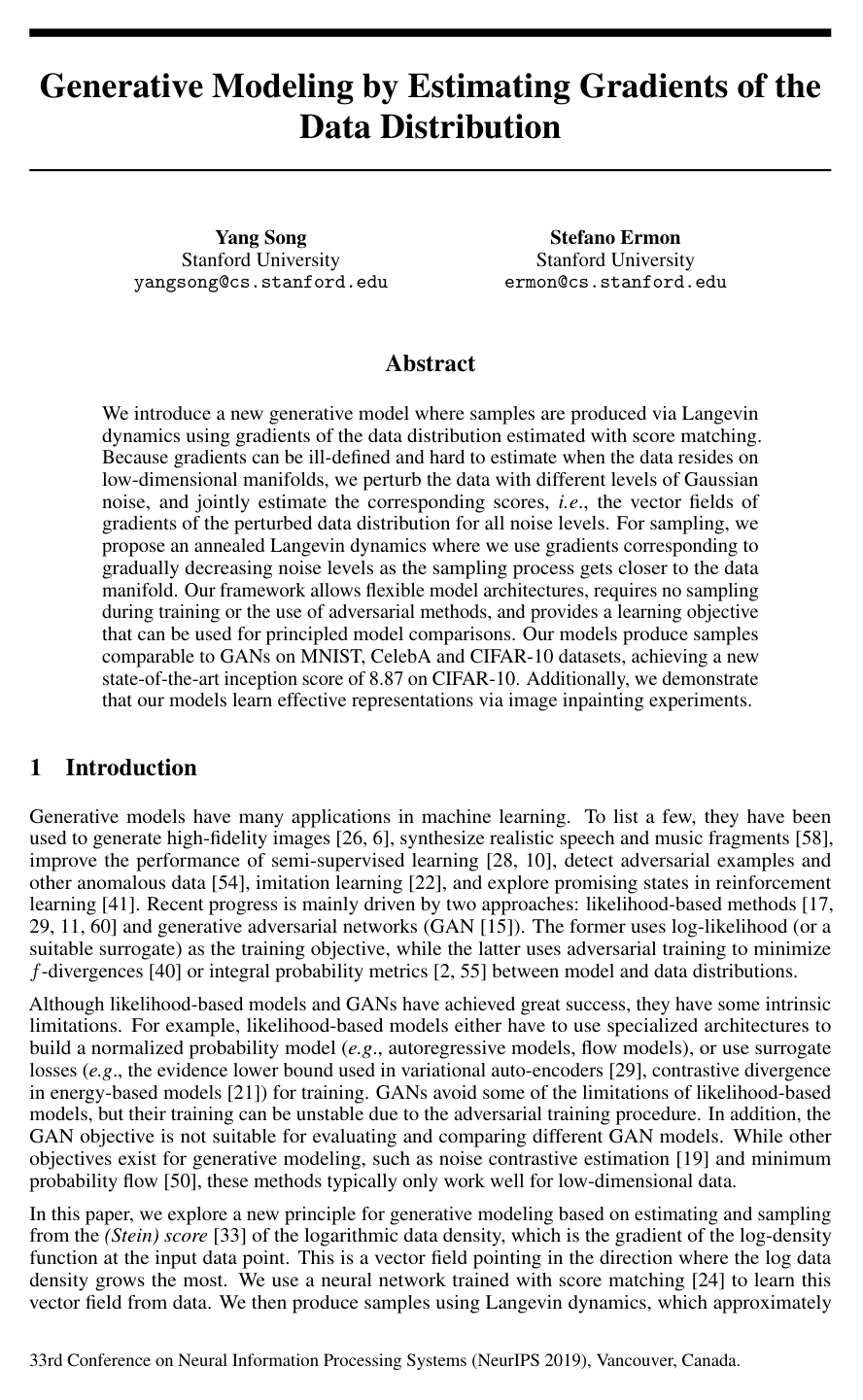 Generative Modeling by Estimating Gradients of the Data Distribution