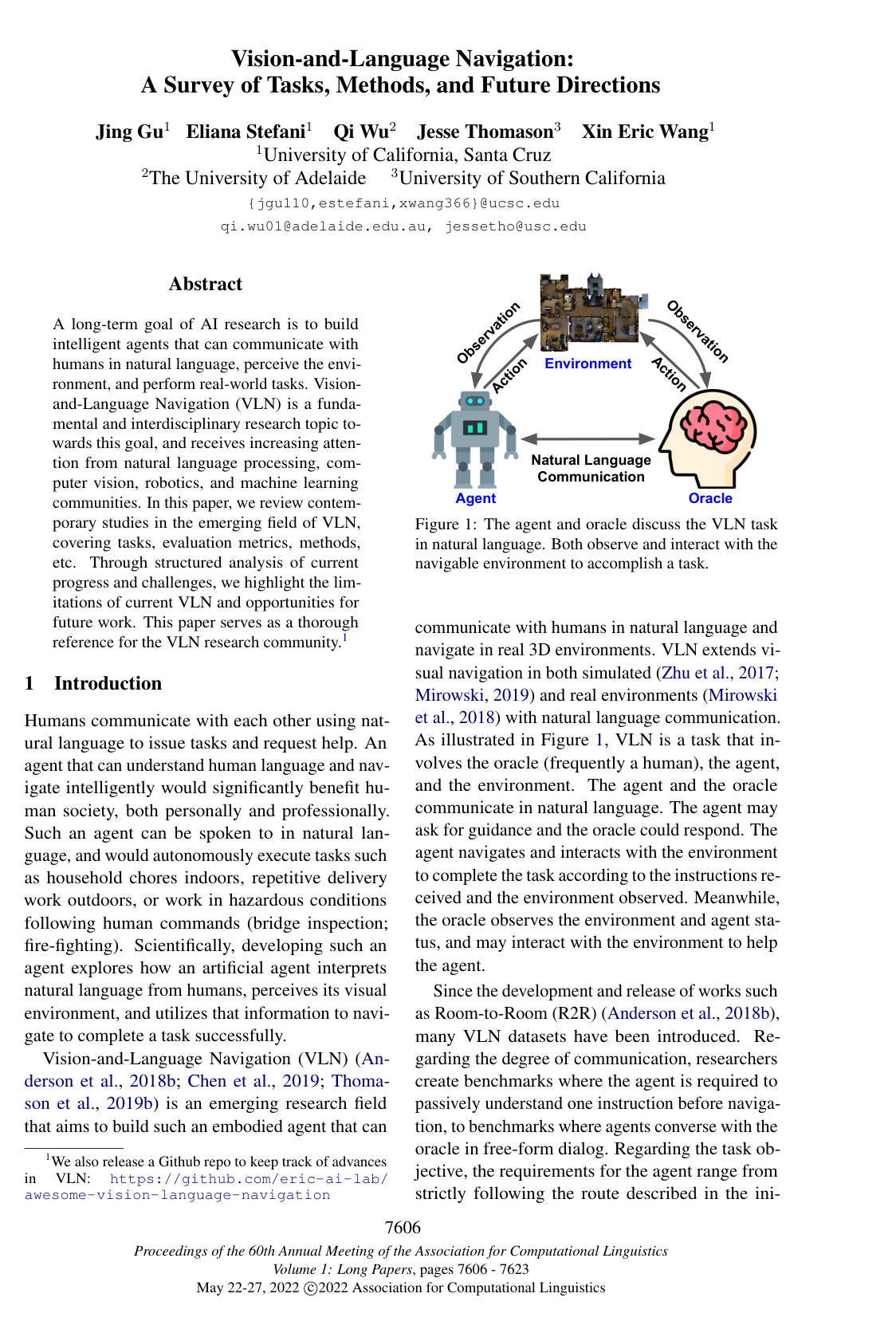 Cover for Vision-and-Language Navigation: A Survey of Tasks, Methods, and Future Directions