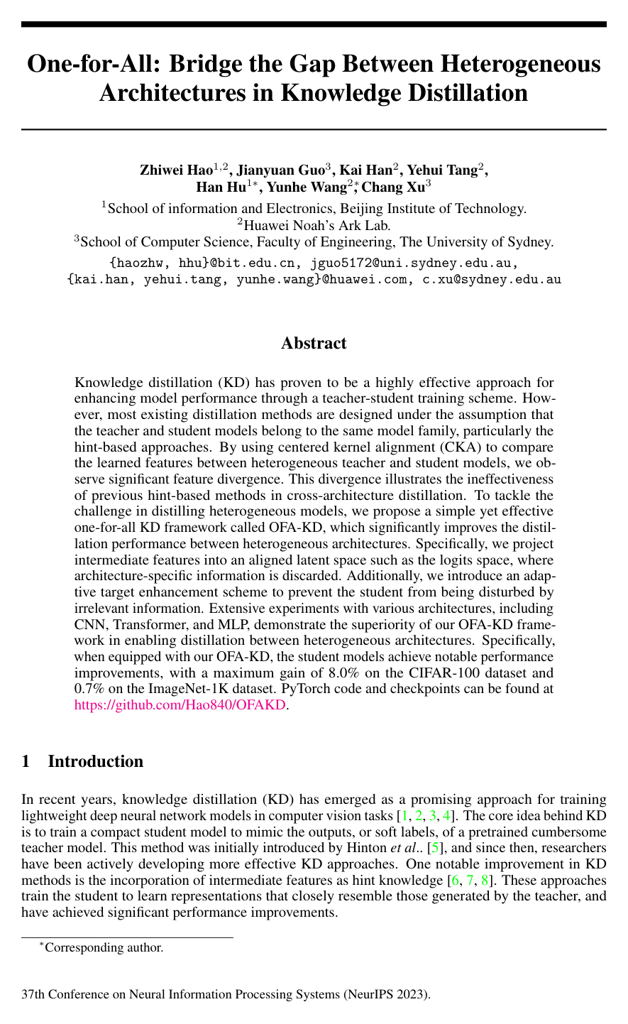 Cover for One-for-All: Bridge the Gap Between Heterogeneous Architectures in Knowledge Distillation