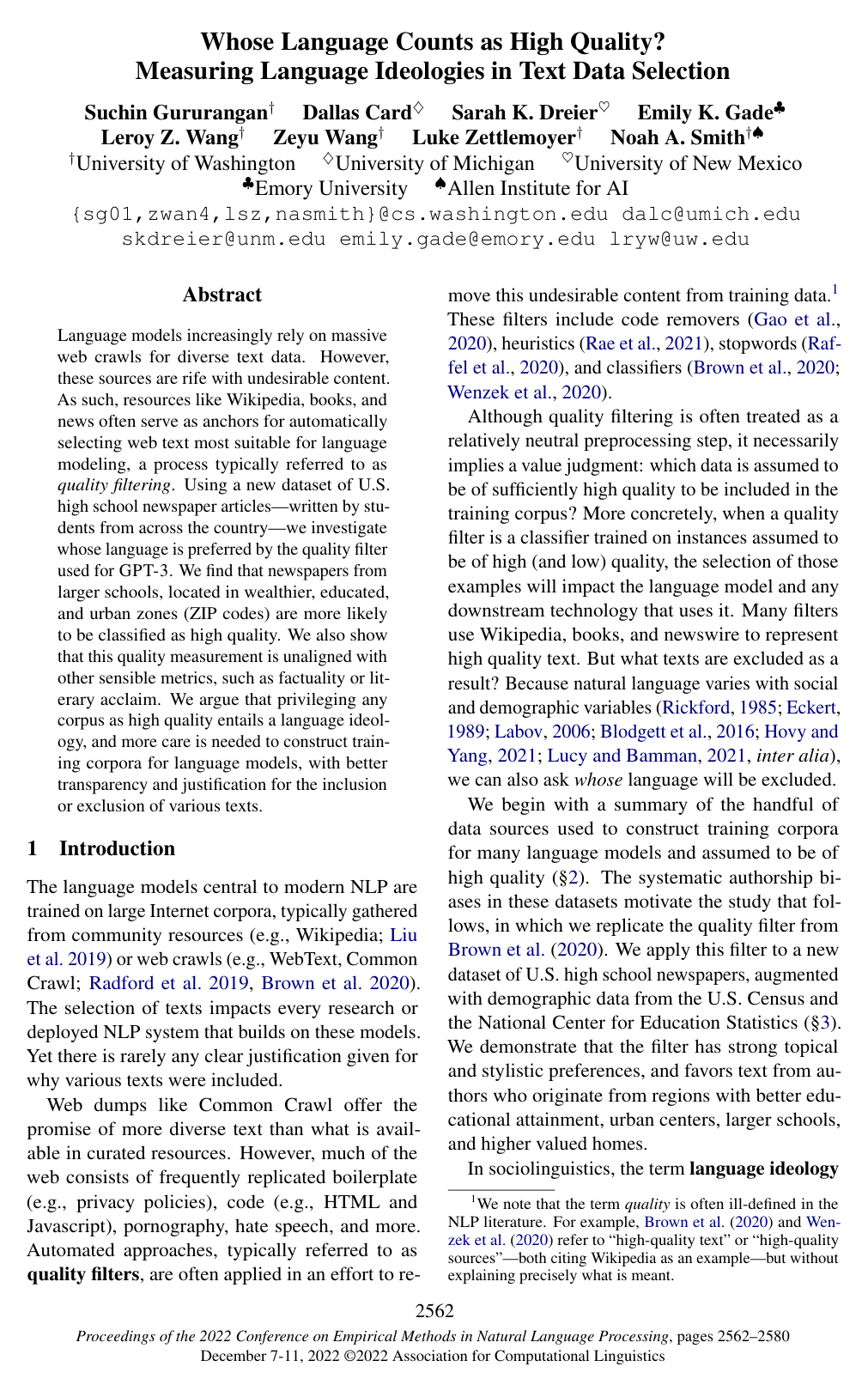Cover for Whose Language Counts as High Quality? Measuring Language Ideologies in Text Data Selection