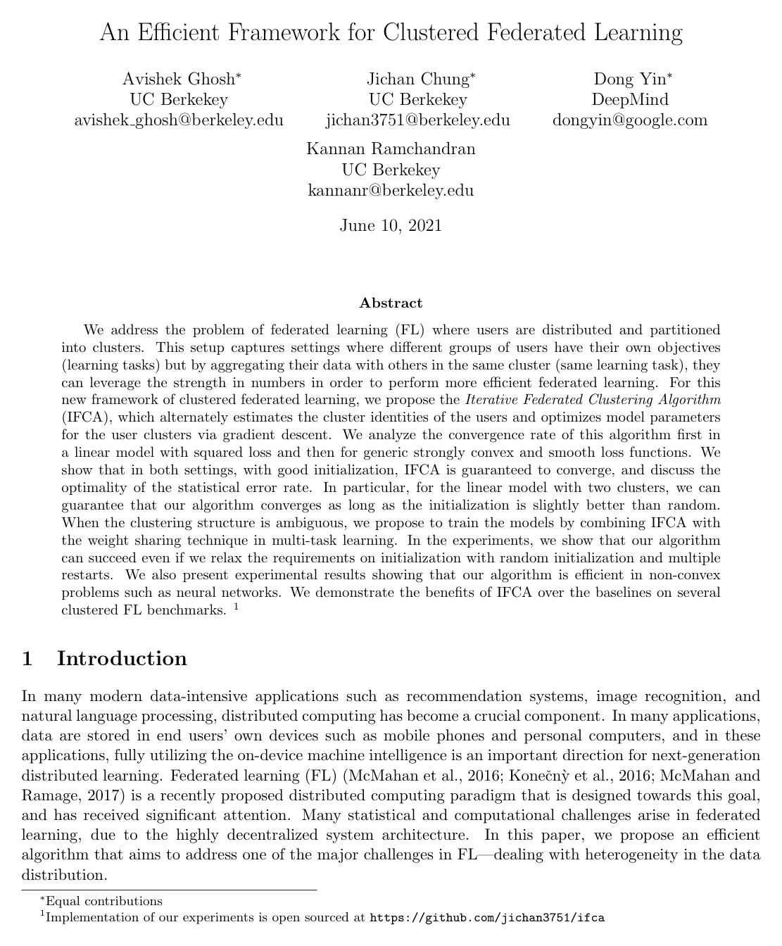 An Efficient Framework for Clustered Federated Learning
