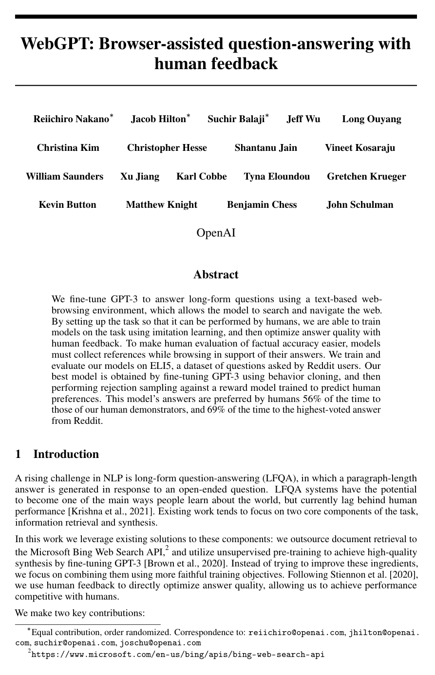 Cover for WebGPT: Browser-assisted question-answering with human feedback