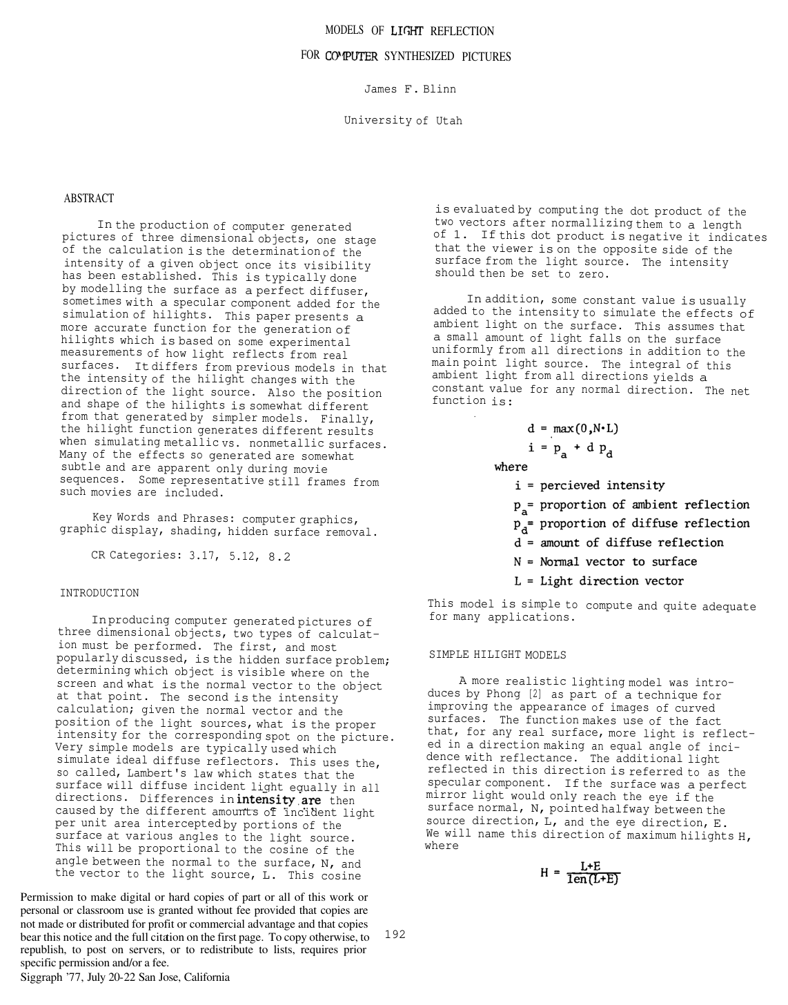 Cover for Models of light reflection for computer synthesized pictures