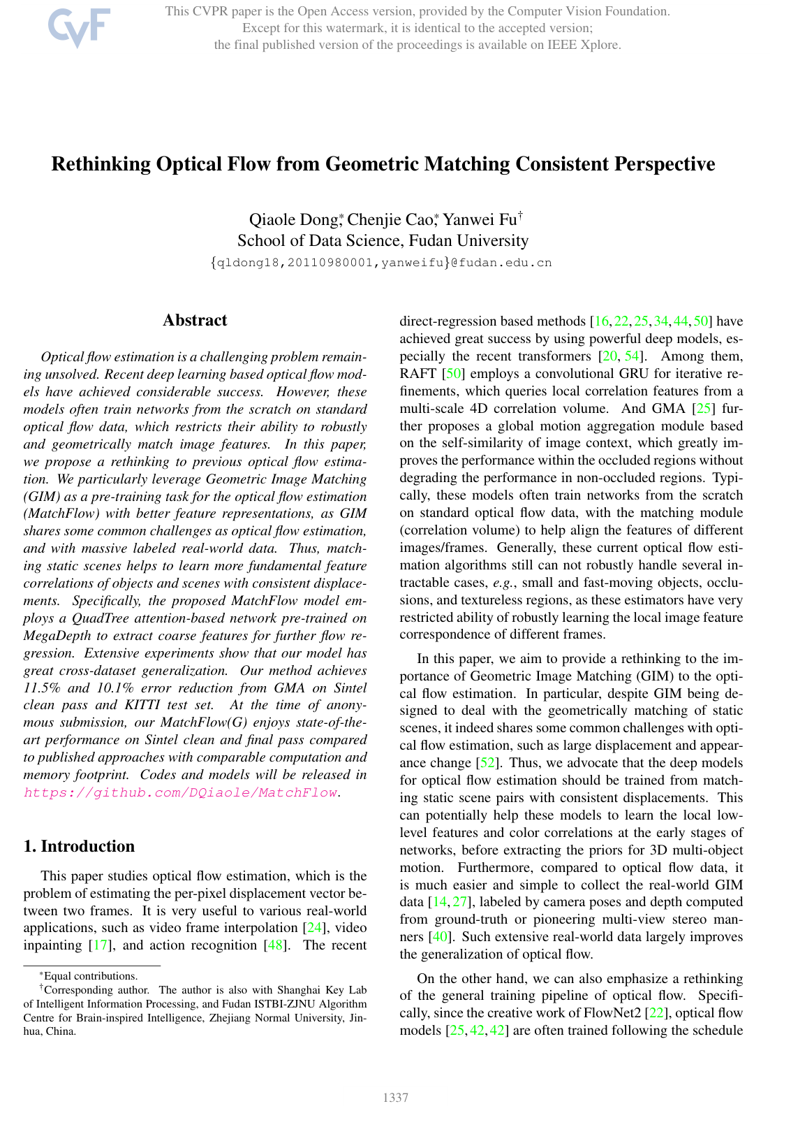 Cover for Rethinking Optical Flow from Geometric Matching Consistent Perspective