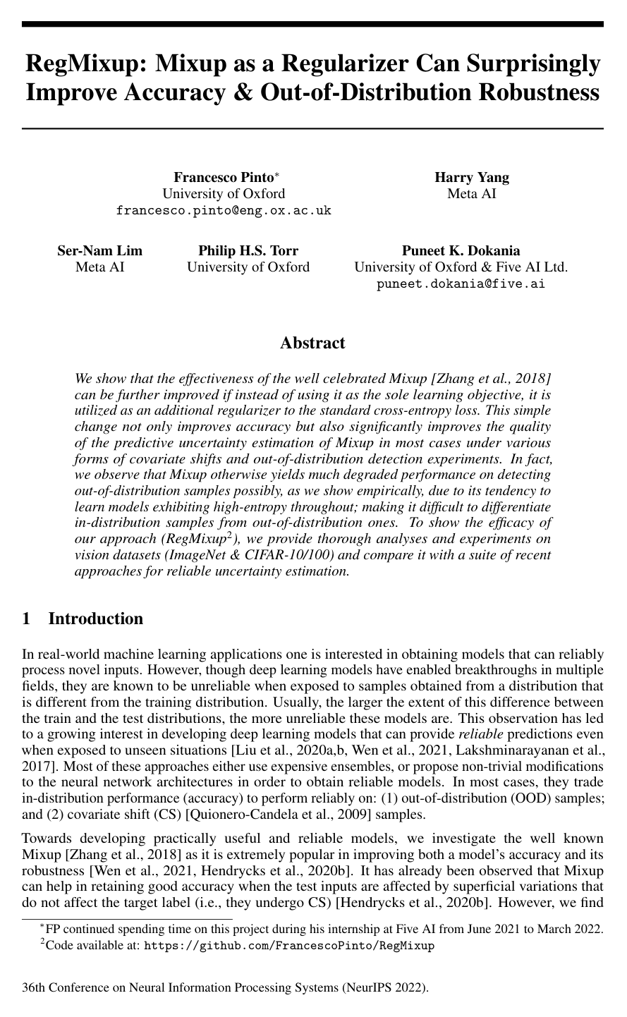 Using Mixup as a Regularizer Can Surprisingly Improve Accuracy & Out-of-Distribution Robustness