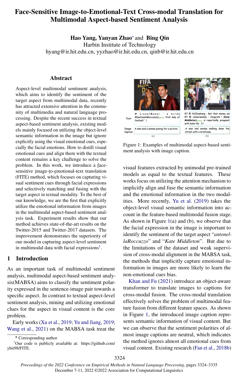 Face-Sensitive Image-to-Emotional-Text Cross-modal Translation for Multimodal Aspect-based Sentiment Analysis