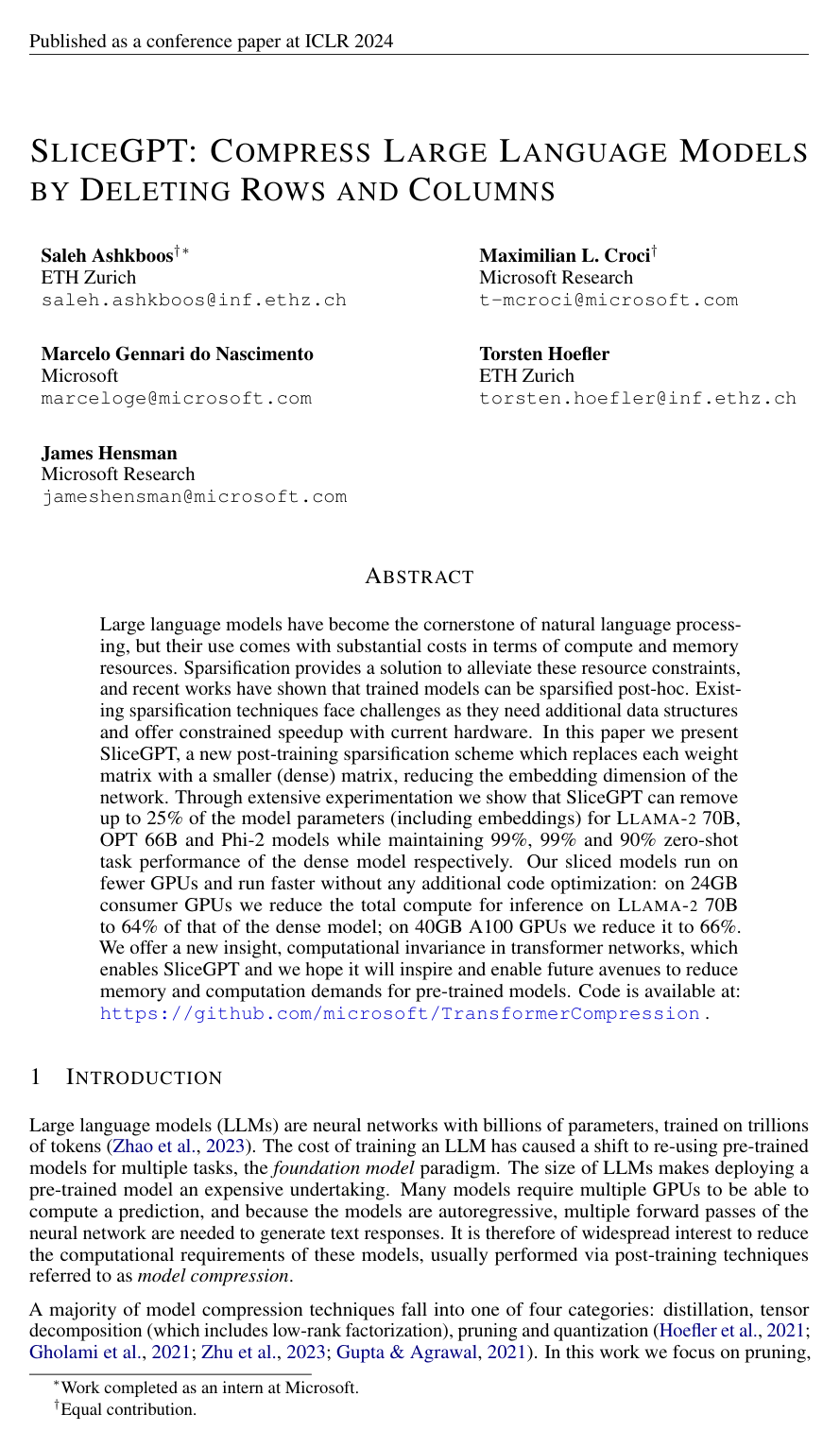 Cover for SliceGPT: Compress Large Language Models by Deleting Rows and Columns