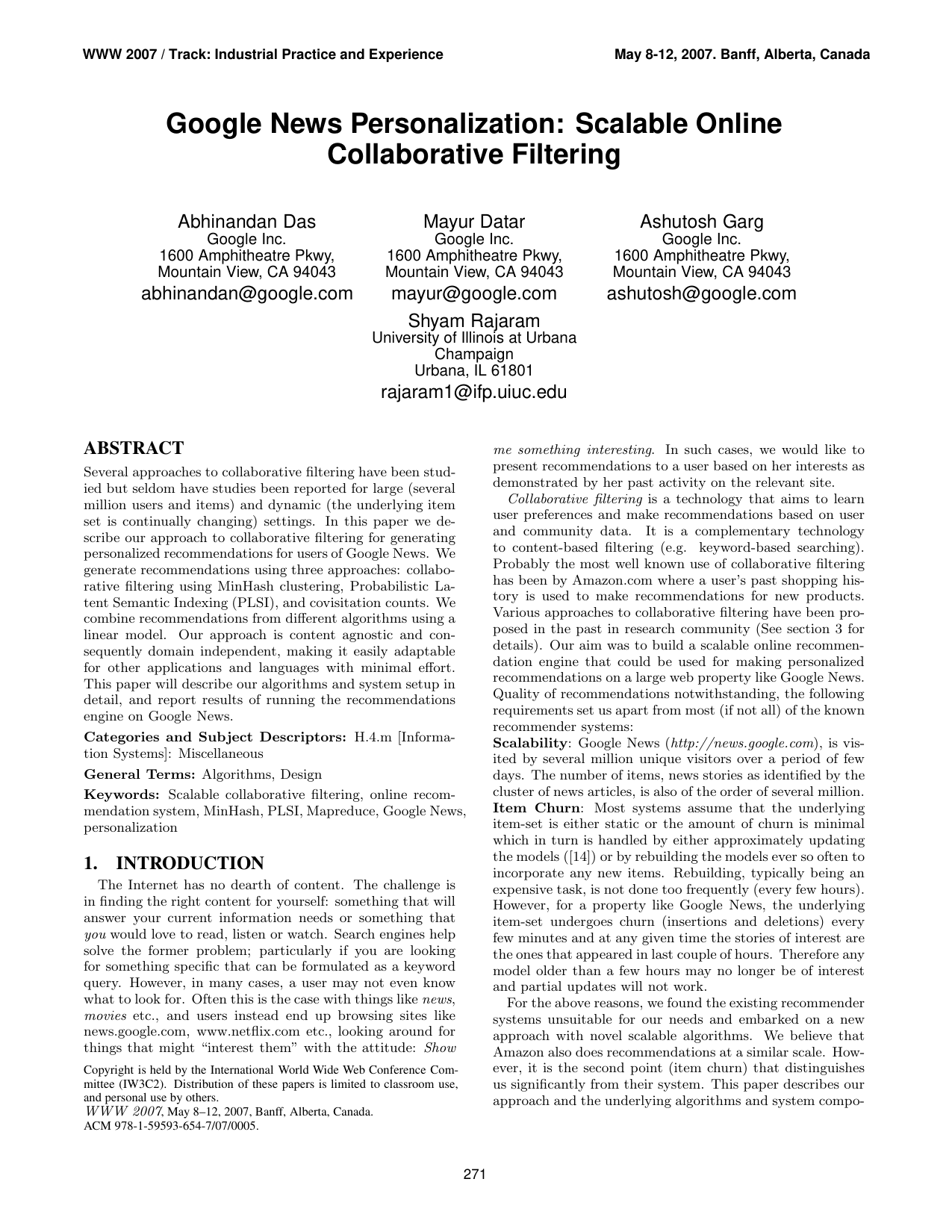 Cover for Google news personalization: scalable online collaborative filtering