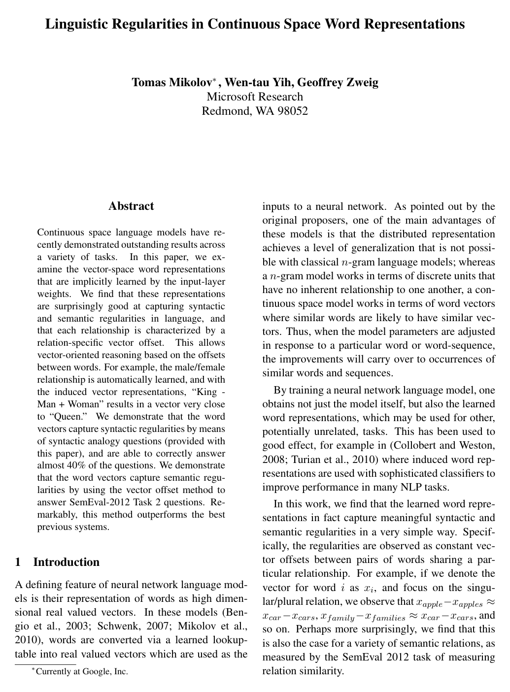 Linguistic Regularities in Continuous Space Word Representations