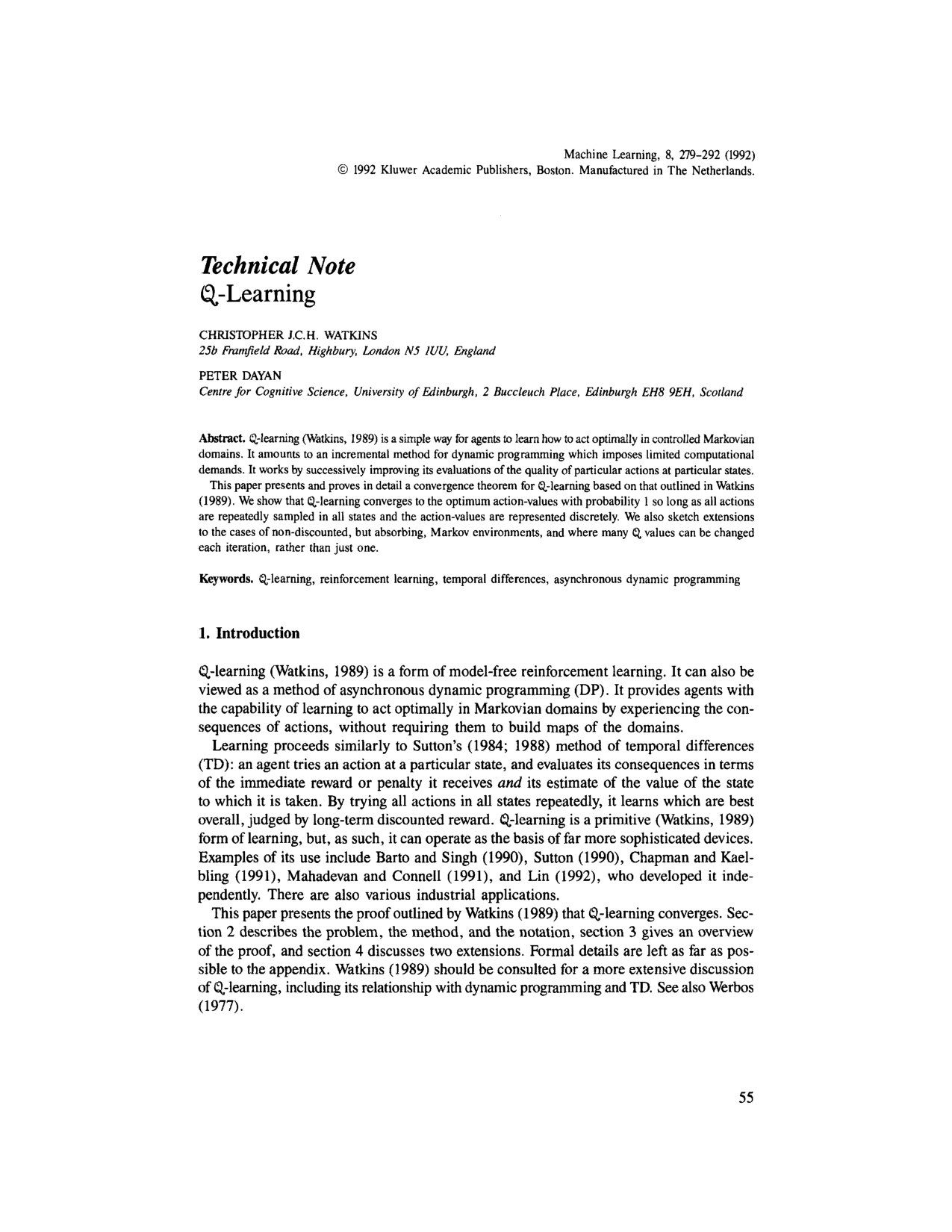 Cover for Technical Note: Q-Learning
