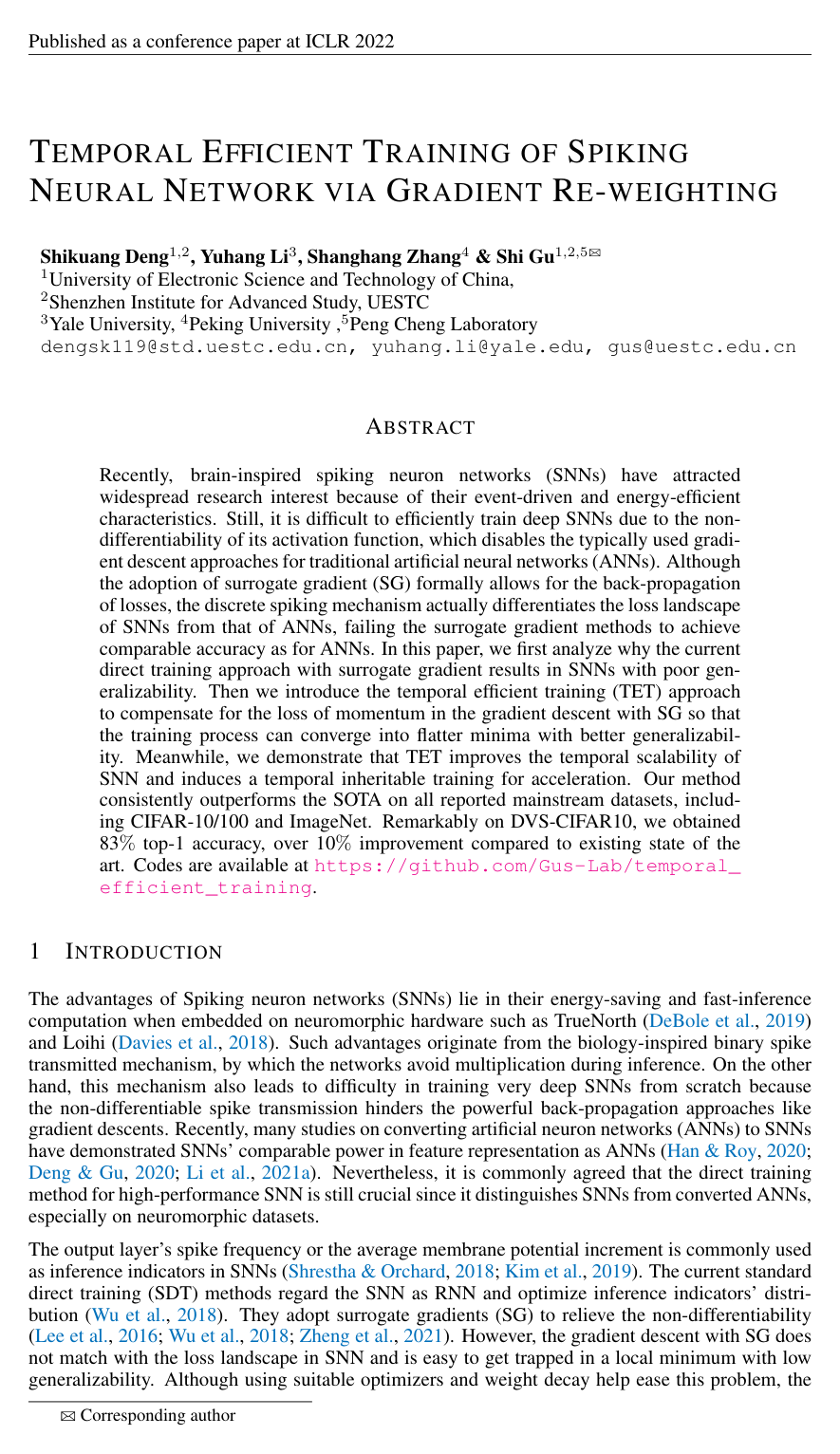 Cover for Temporal Efficient Training of Spiking Neural Network via Gradient Re-weighting