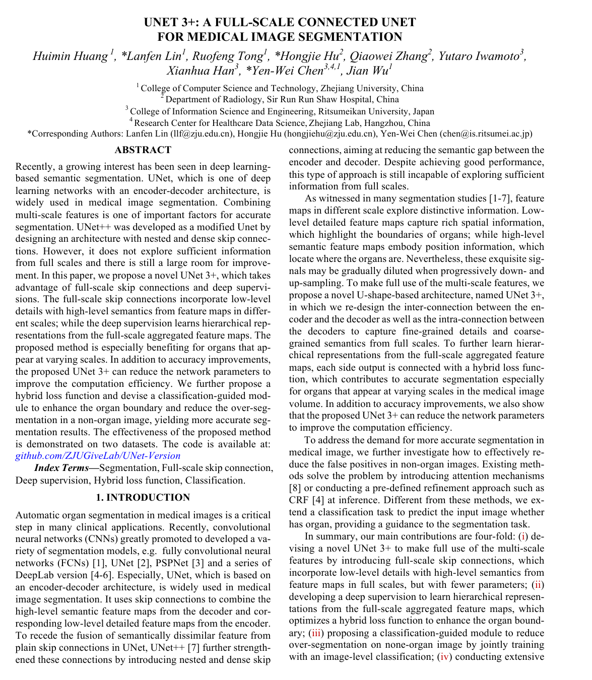Cover for UNet 3+: A Full-Scale Connected UNet for Medical Image Segmentation