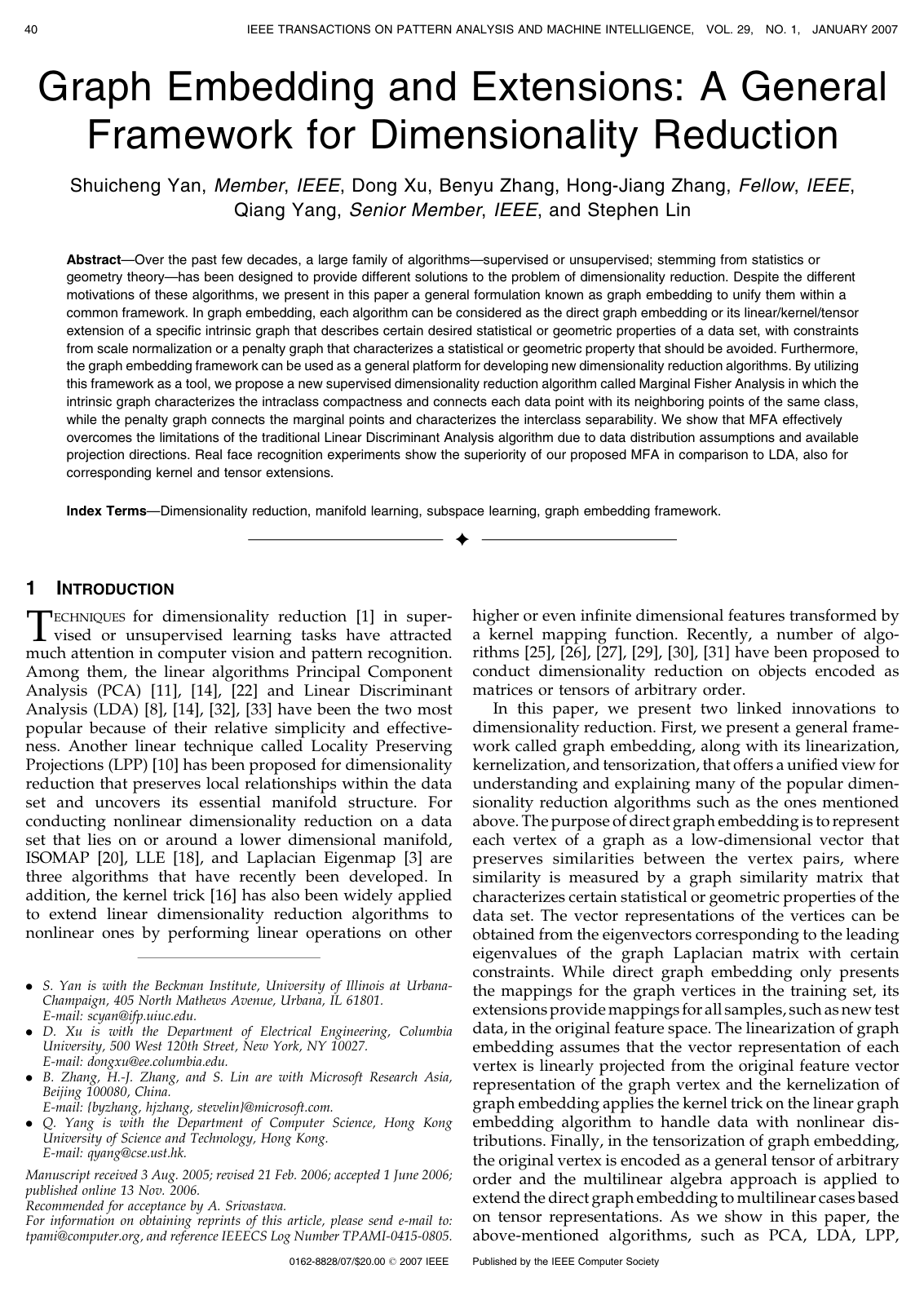 Graph Embedding and Extensions: A General Framework for Dimensionality Reduction