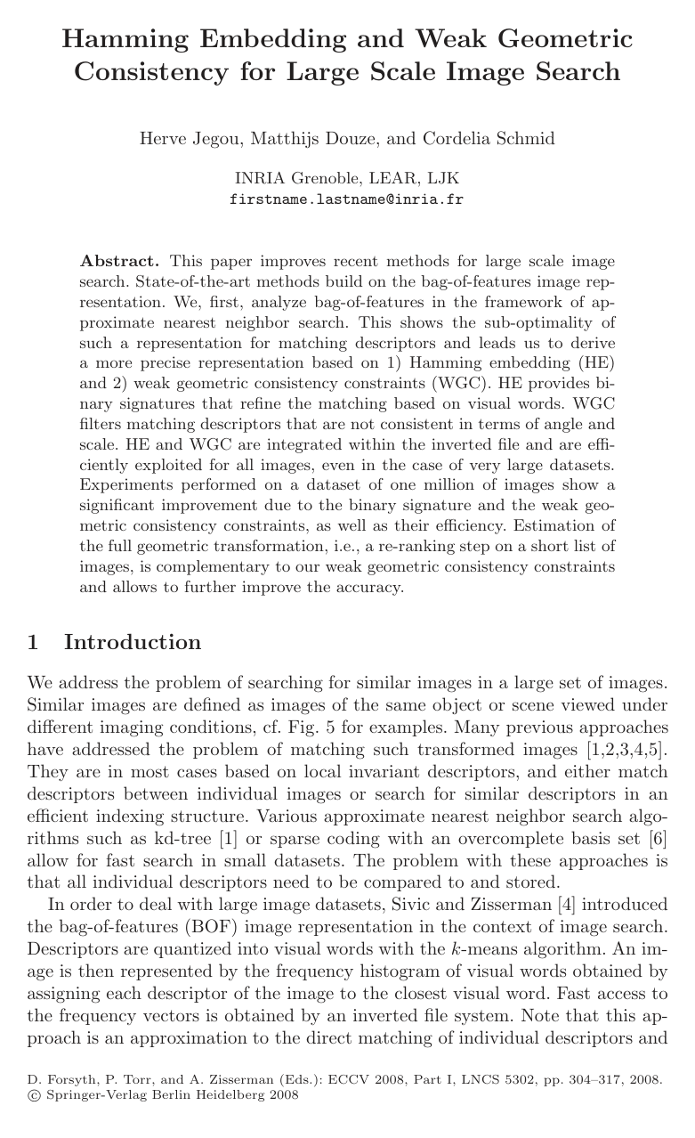 Cover for Hamming Embedding and Weak Geometric Consistency for Large Scale Image Search