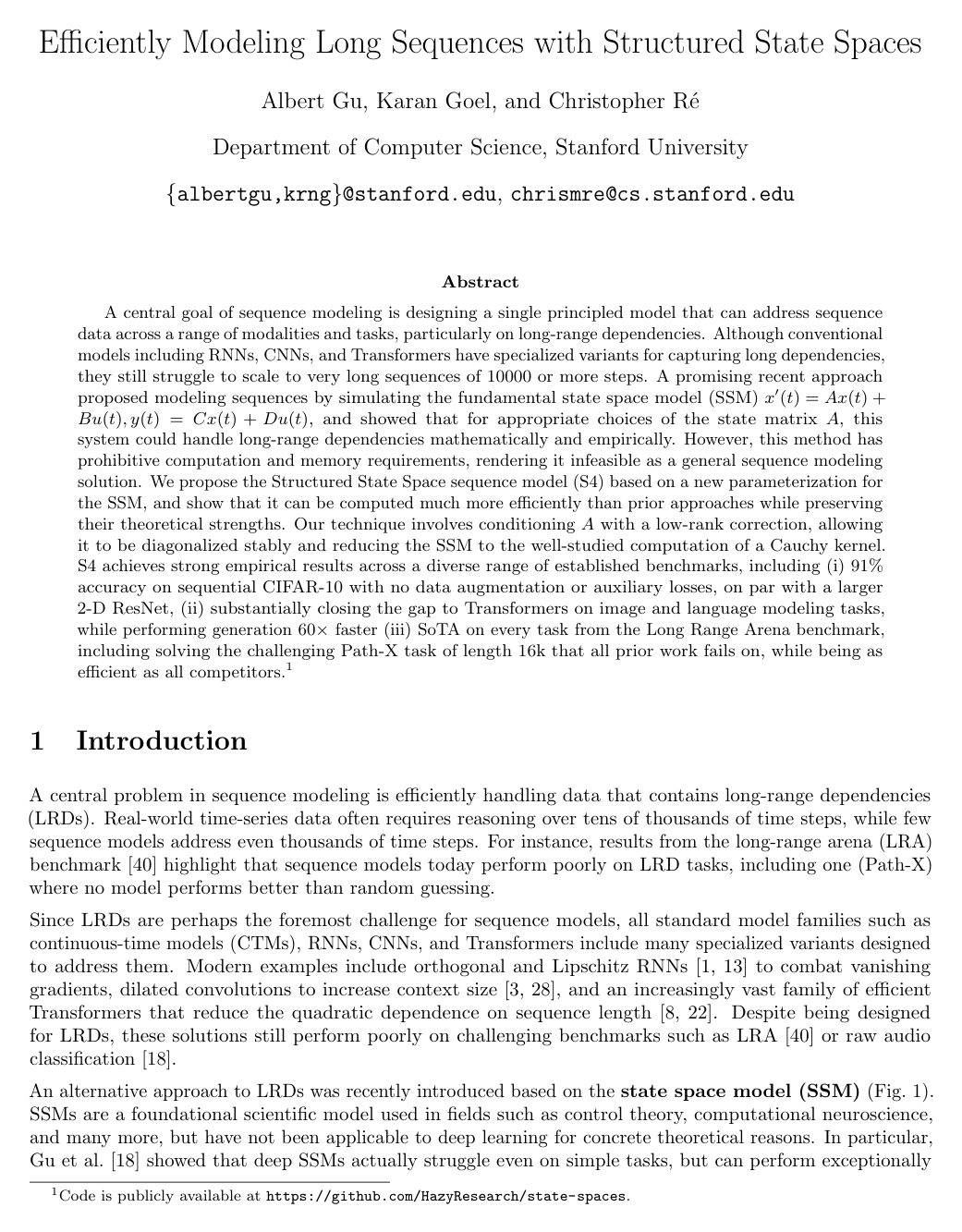 Efficiently Modeling Long Sequences with Structured State Spaces