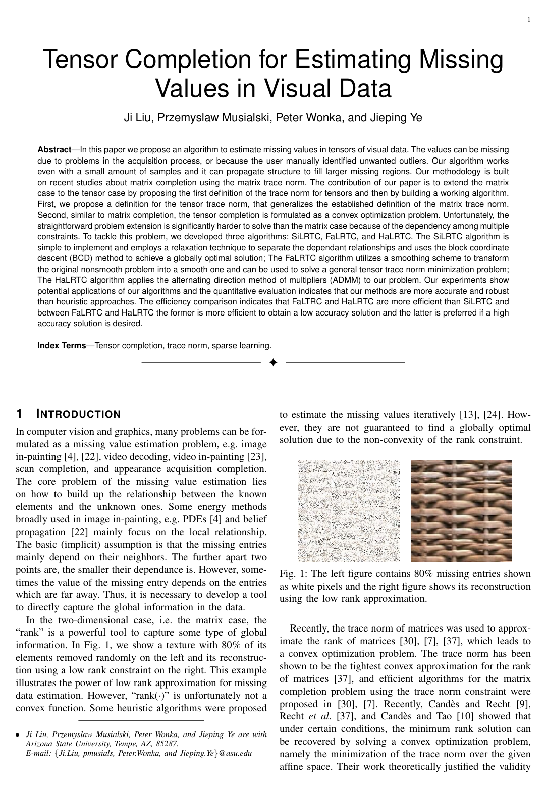 Cover for Tensor Completion for Estimating Missing Values in Visual Data
