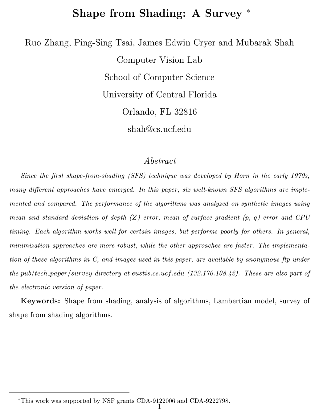 Shape from Shading: A Survey