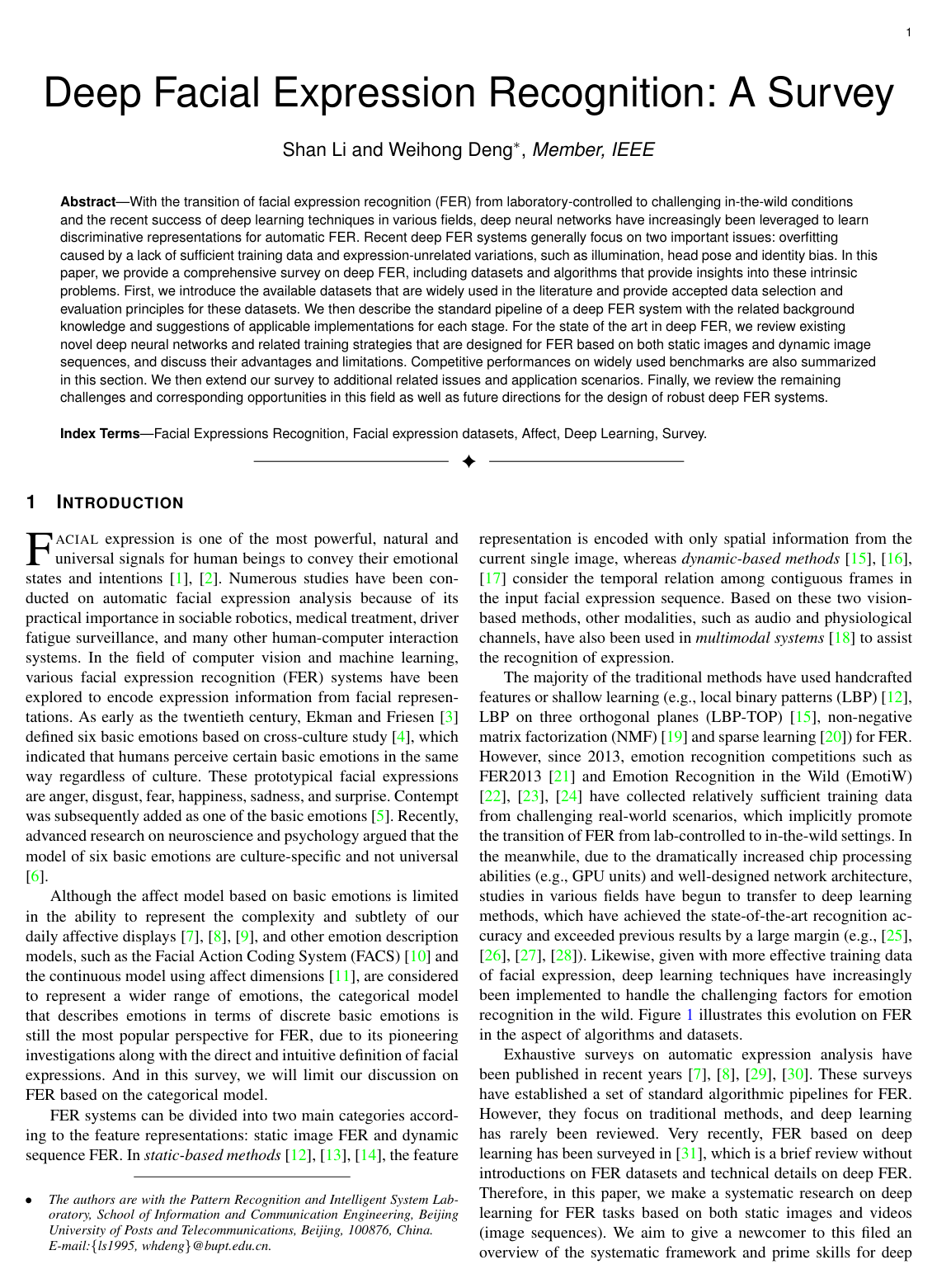 Cover for Deep Facial Expression Recognition: A Survey