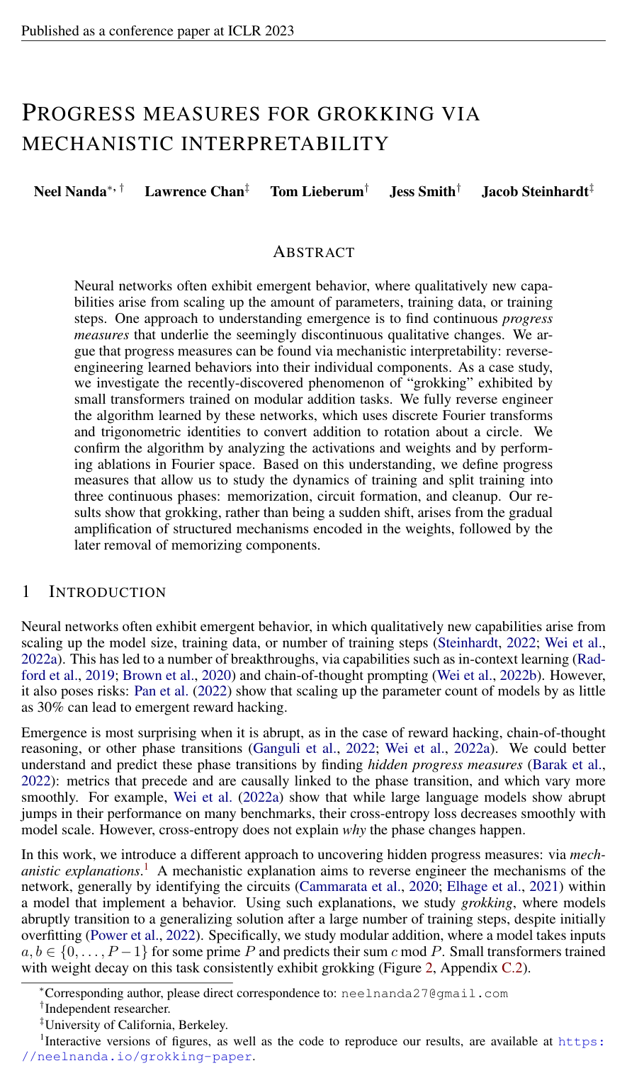 Progress measures for grokking via mechanistic interpretability