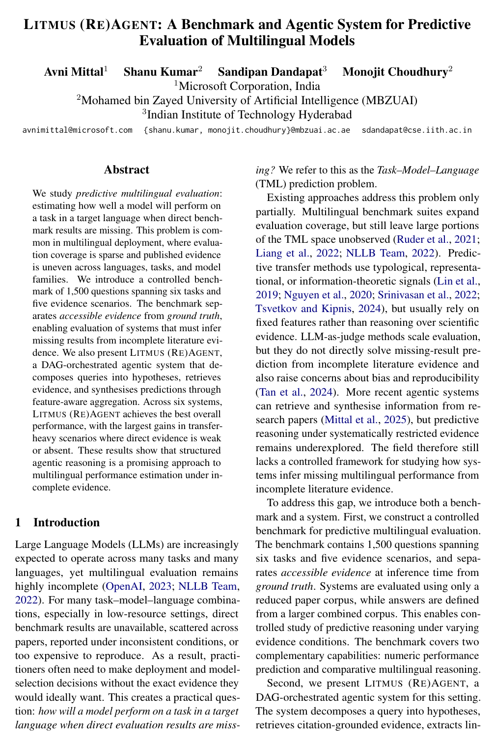 Cover for Litmus (Re)Agent: A Benchmark and Agentic System for Predictive Evaluation of Multilingual Models