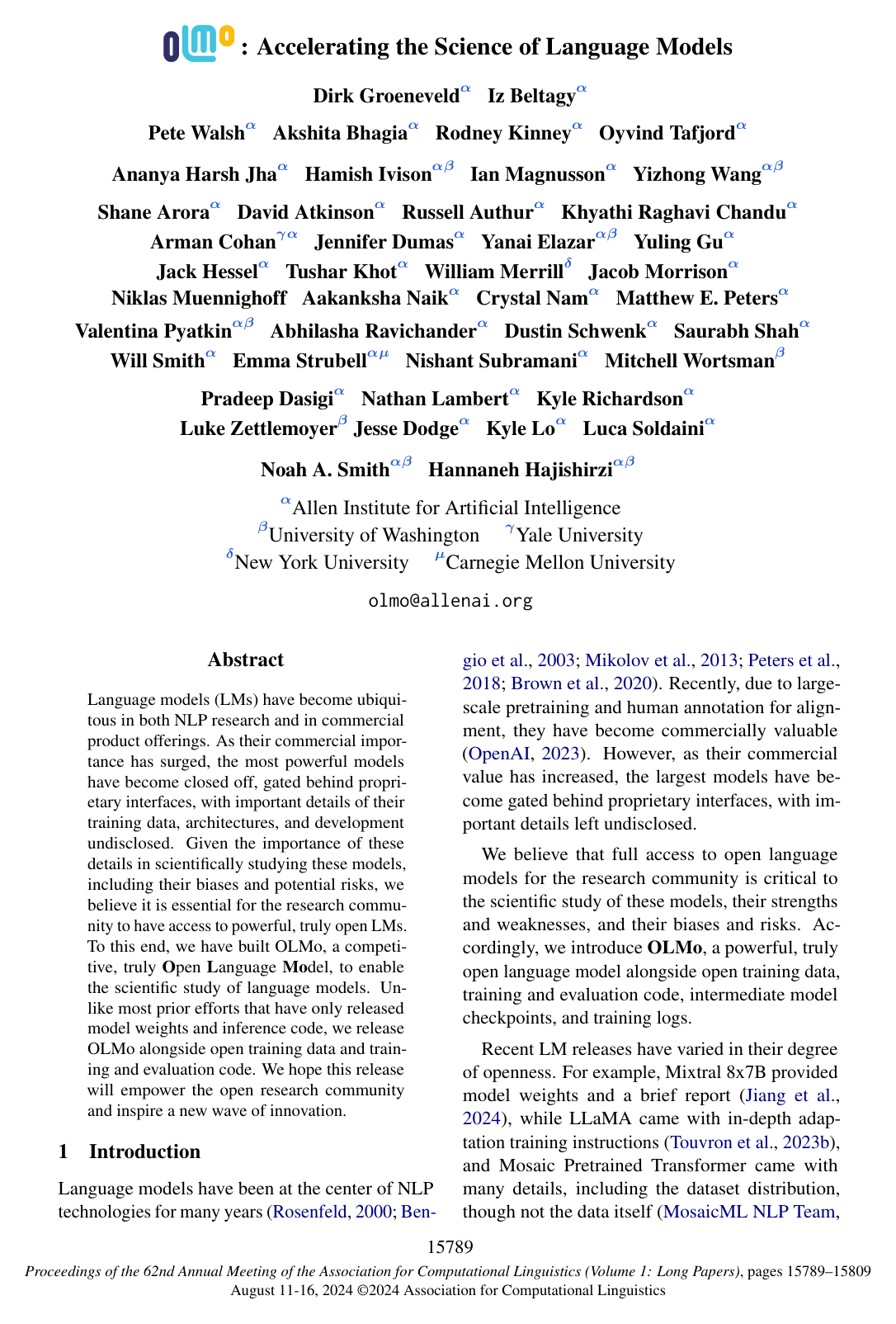 Cover for OLMo: Accelerating the Science of Language Models