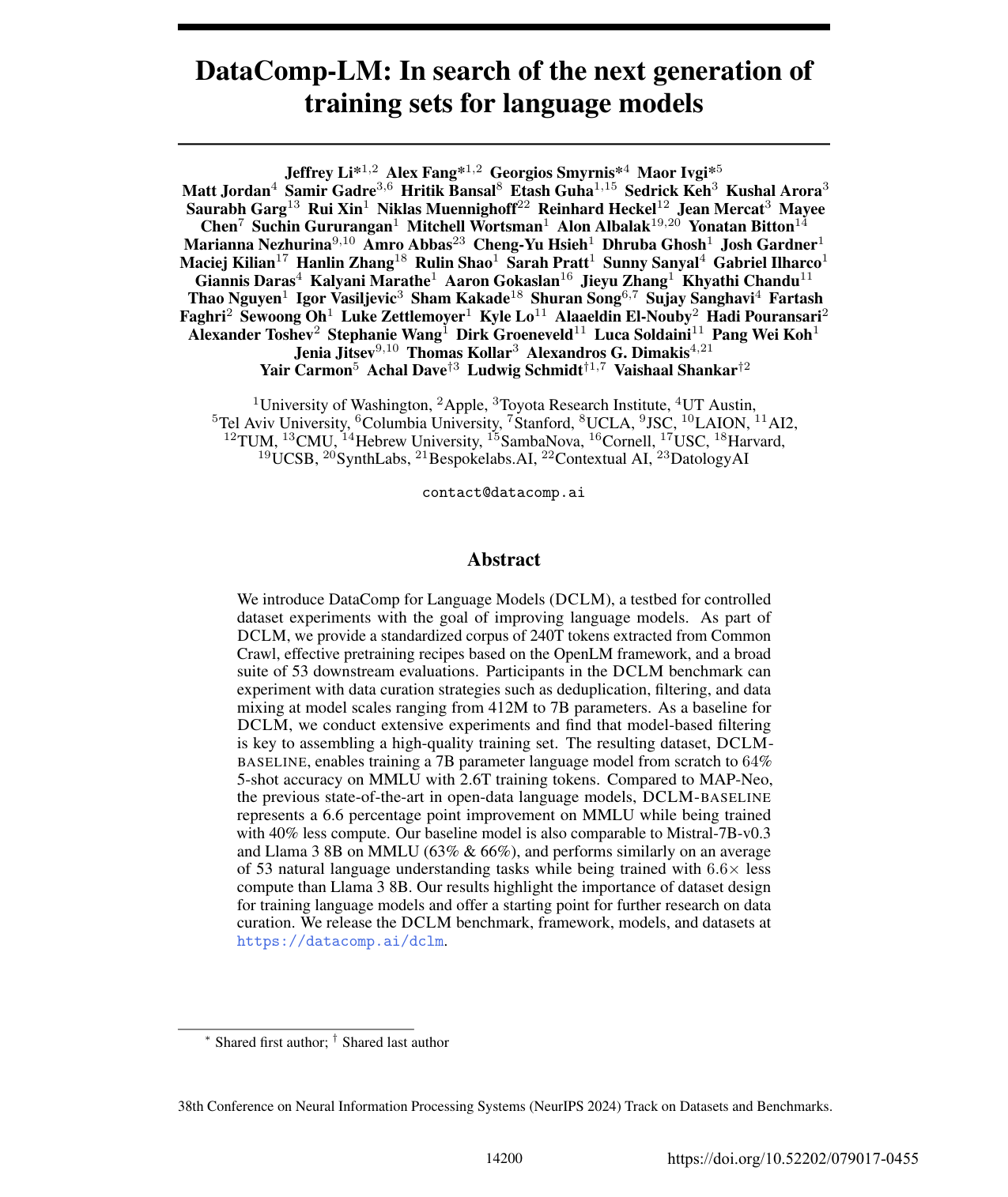 Cover for DataComp-LM: In search of the next generation of training sets for language models