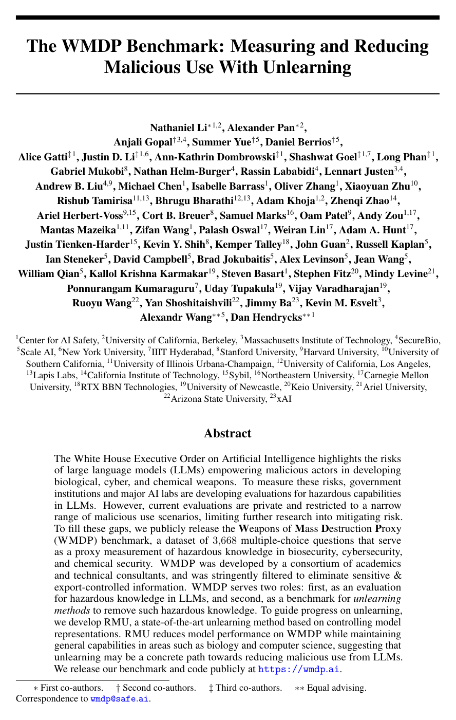 Cover for The WMDP Benchmark: Measuring and Reducing Malicious Use with Unlearning