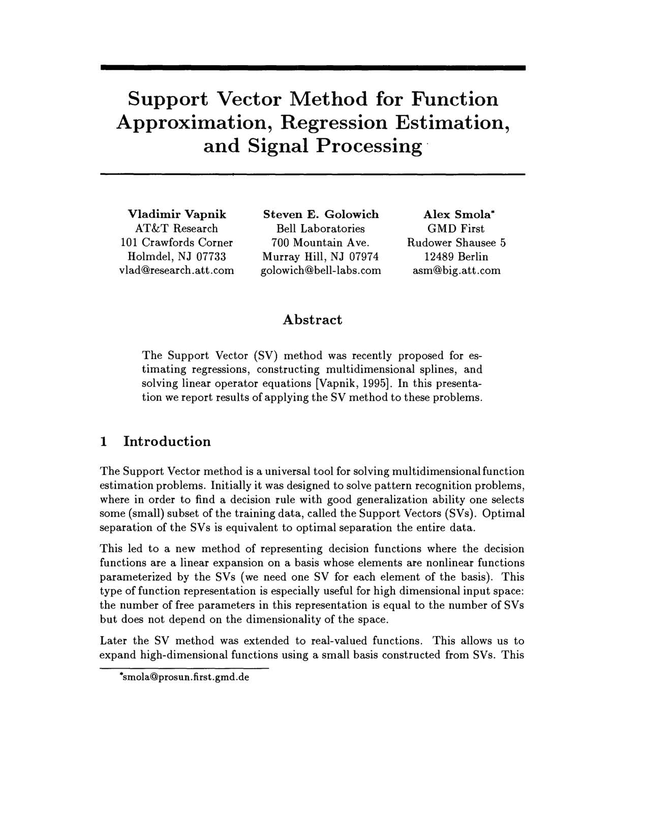Cover for Support Vector Method for Function Approximation, Regression Estimation and Signal Processing