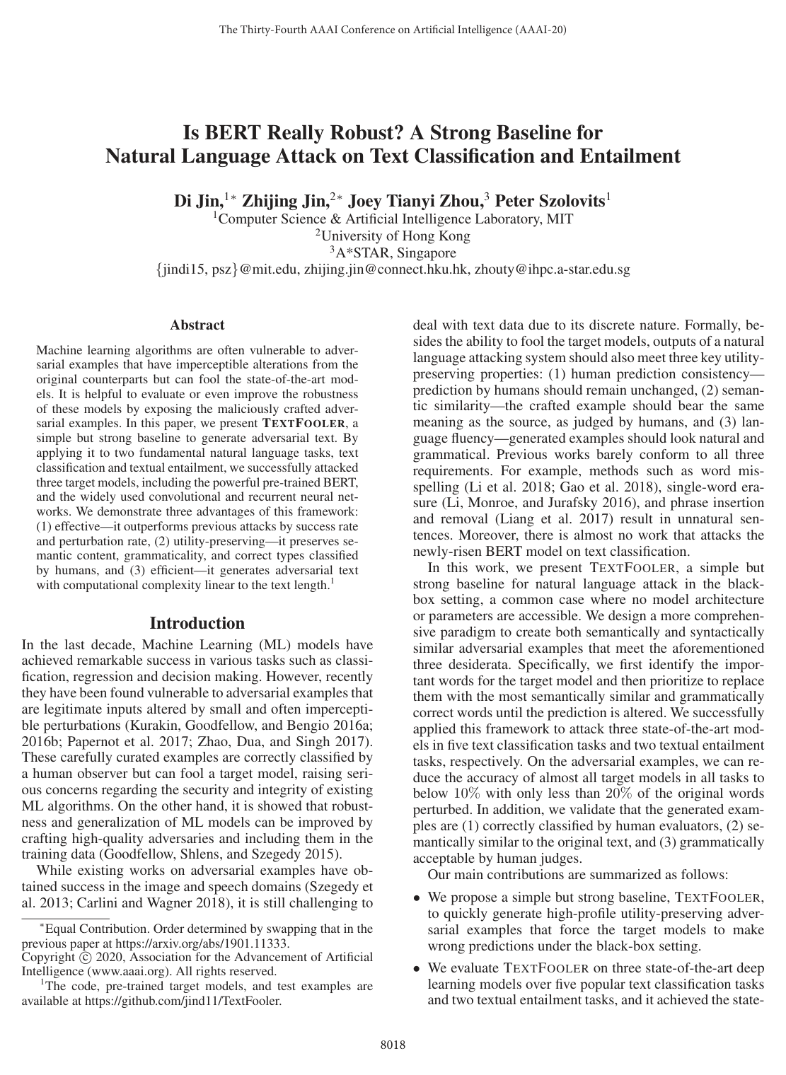 Cover for Is BERT Really Robust? A Strong Baseline for Natural Language Attack on Text Classification and Entailment