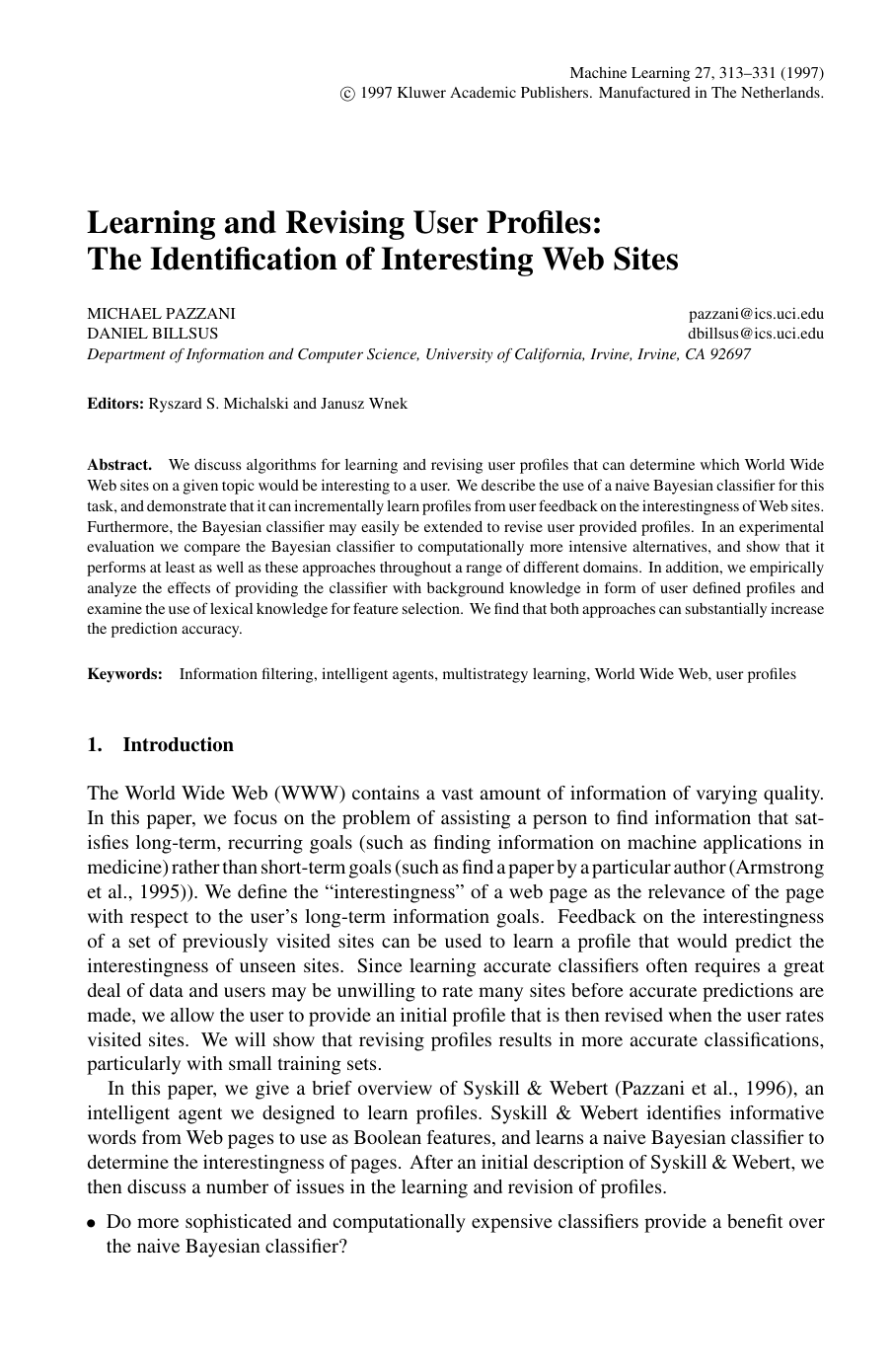 Learning and Revising User Profiles: The Identification of Interesting Web Sites
