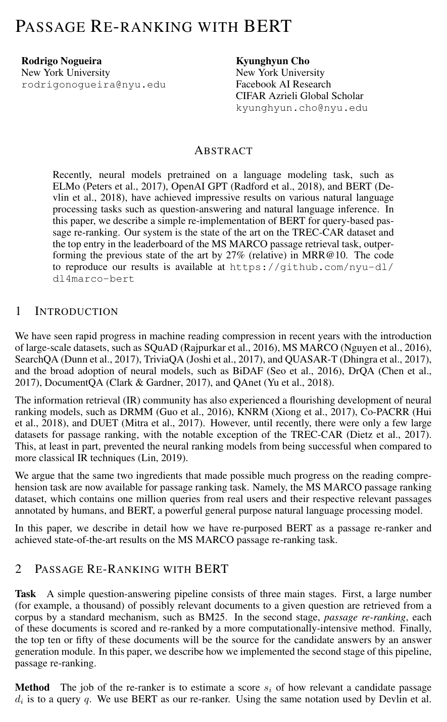 Passage Re-ranking with BERT