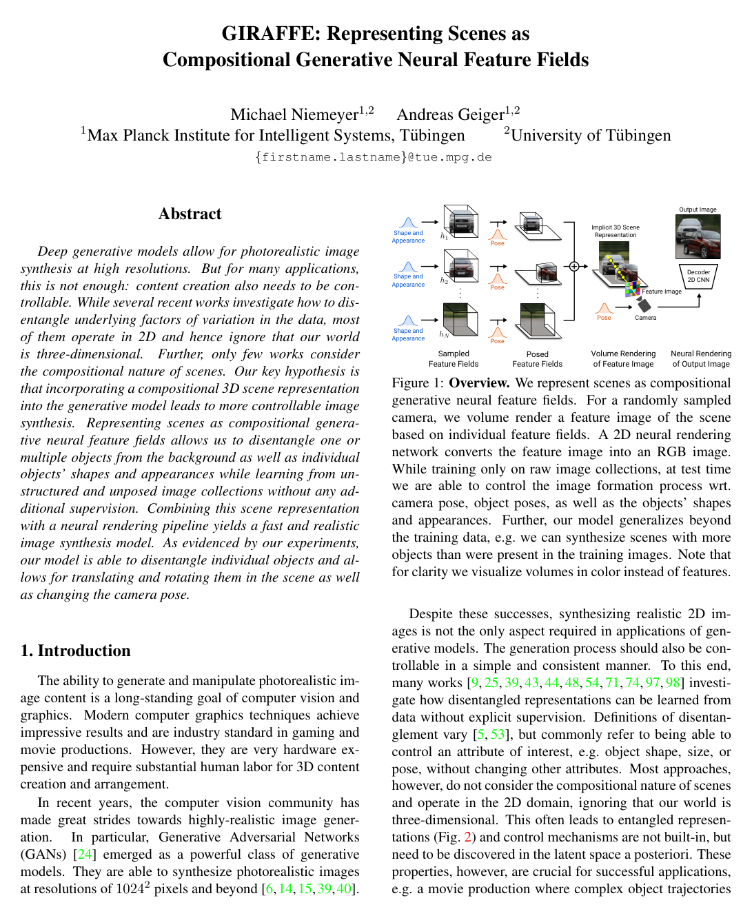 GIRAFFE: Representing Scenes as Compositional Generative Neural Feature Fields