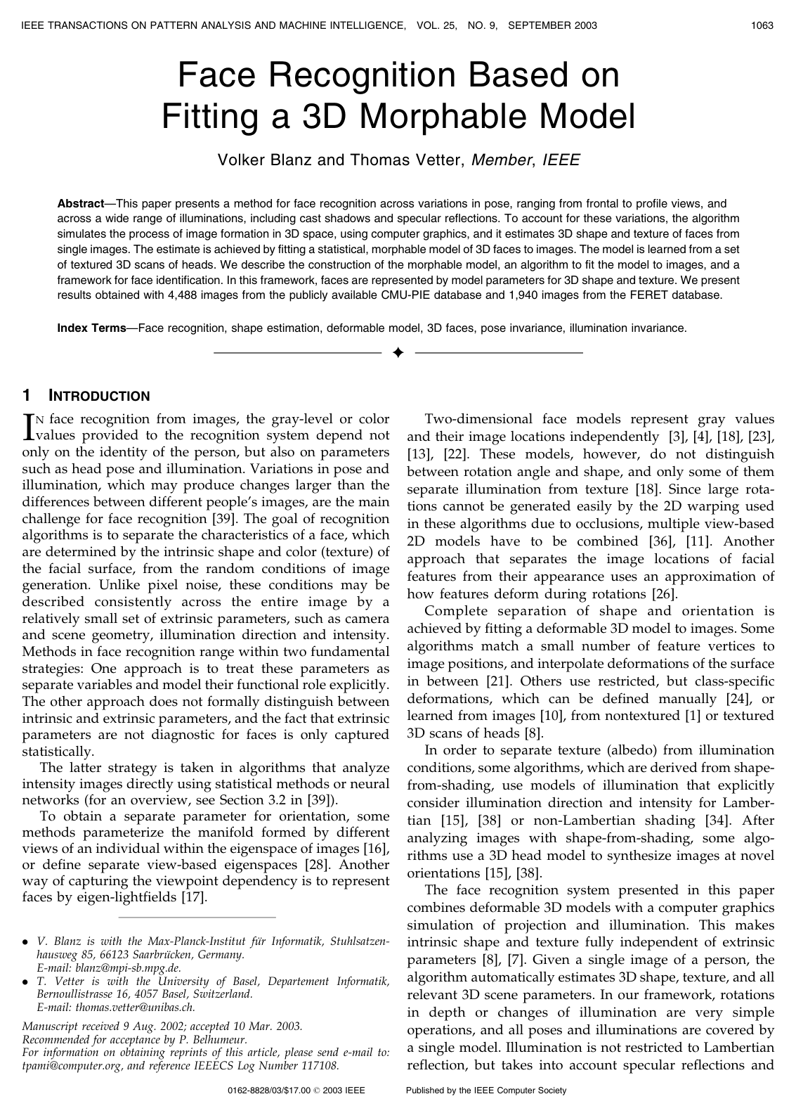 Face Recognition Based on Fitting a 3D Morphable Model