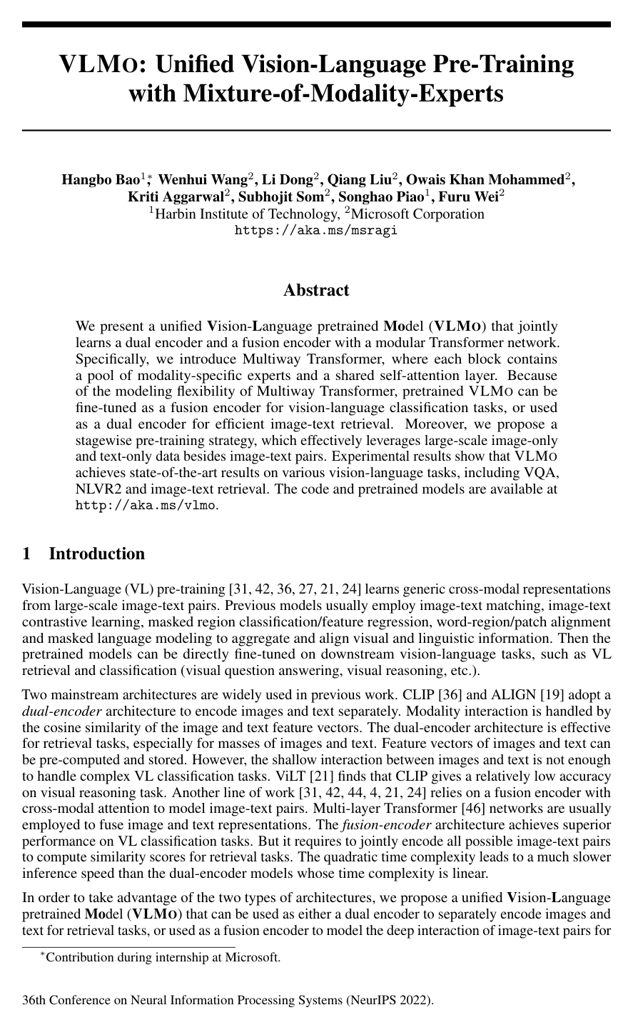 VLMo: Unified Vision-Language Pre-Training with Mixture-of-Modality-Experts